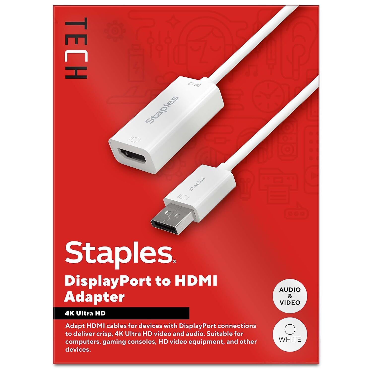 Staples Tech Adaptateur Audio/vidéo DisplayPort vers HDMI, mâle vers Femelle, Blanc (ST62362)