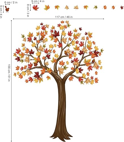 Miniatura 4 de wondever Calcomanías de pared de árbol grande de otoño, hojas de arce, pájaros, despegar y pegar, calcomanías de arte de pared para dormitorio, sala