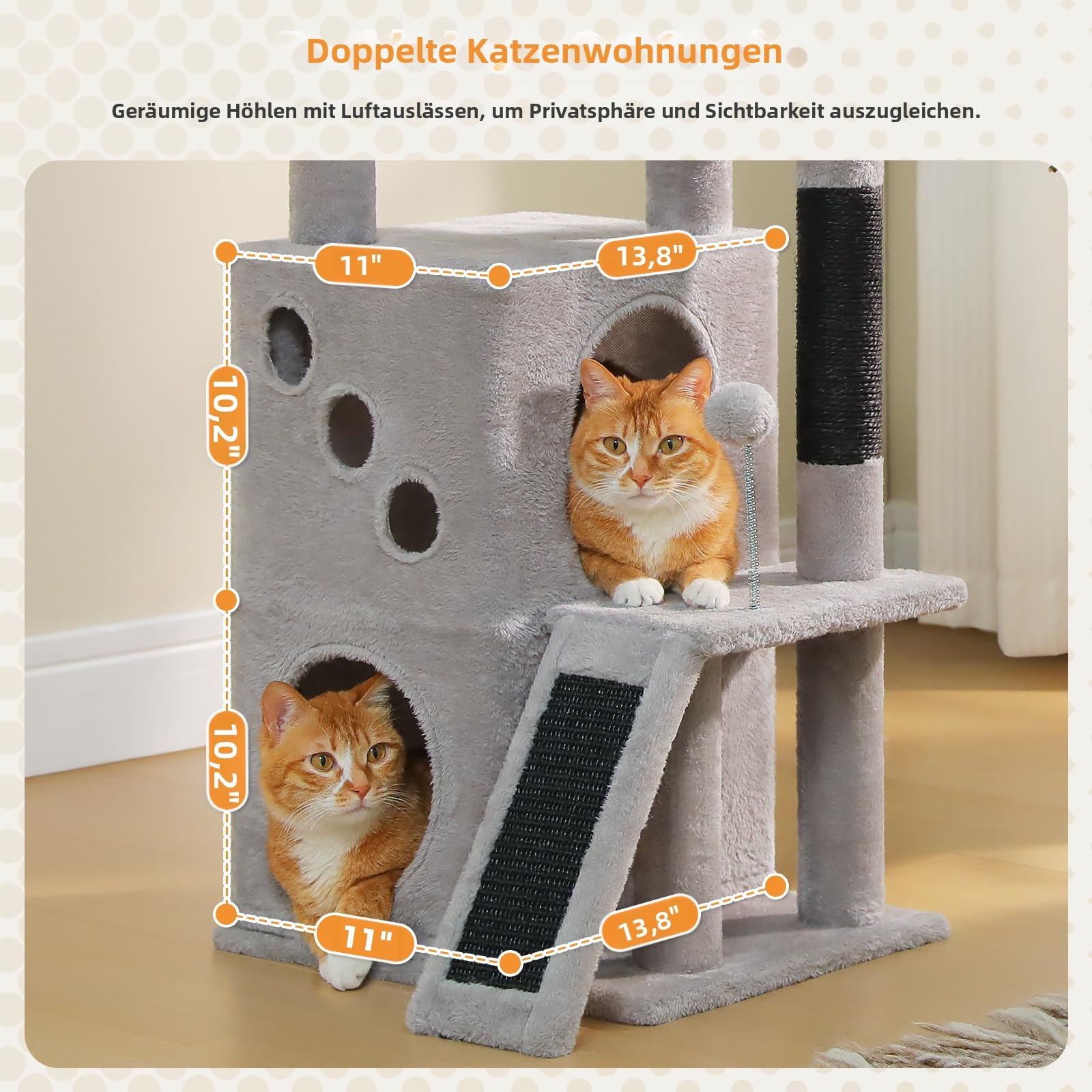 PETEPELA Kratzbaum für Katzen, 88 cm, Kleine Katzenhöhle mit Kratzpfosten, 2 Kuschelhöhlen, Kratzrampe & Hängespielzeug, Katzen-Spielhaus für Mehrkatzenhaushalte, Schwarz