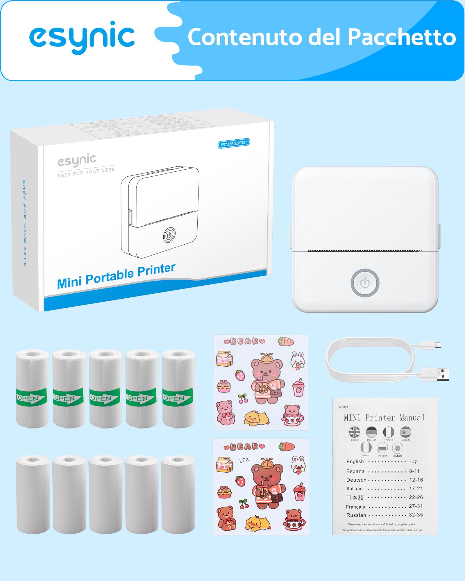 eSynic Stampante Termica Bluetooth Ricarica Type-C Android iOS Foto Bianco e Nero + Carta Termica Adesiva