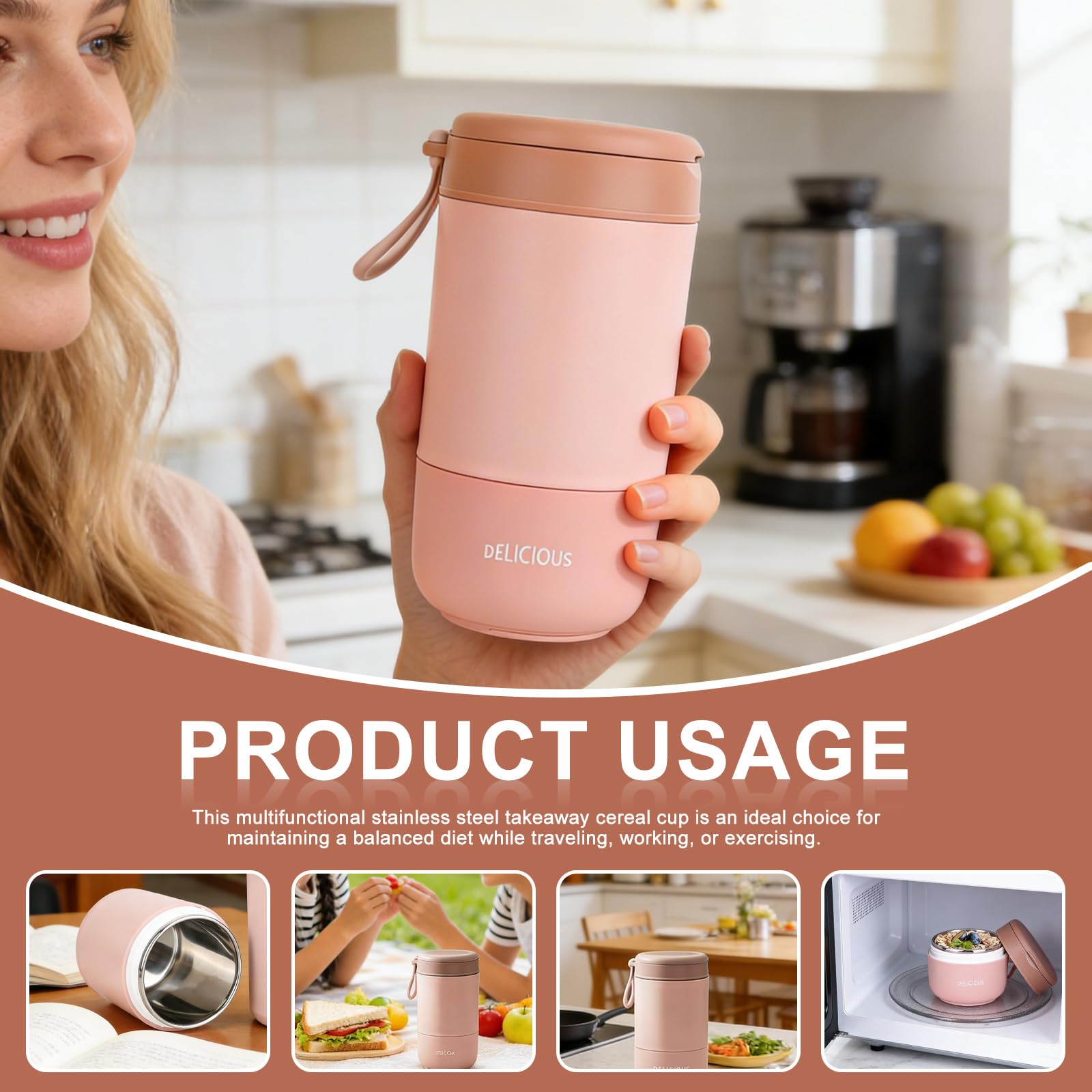 Contenitore termico a doppio strato per alimenti: 2 unità, isolamento sottovuoto, contenitore termico per pranzo da asporto (rosa e verde, 430 ml, 430 + 300 ml)