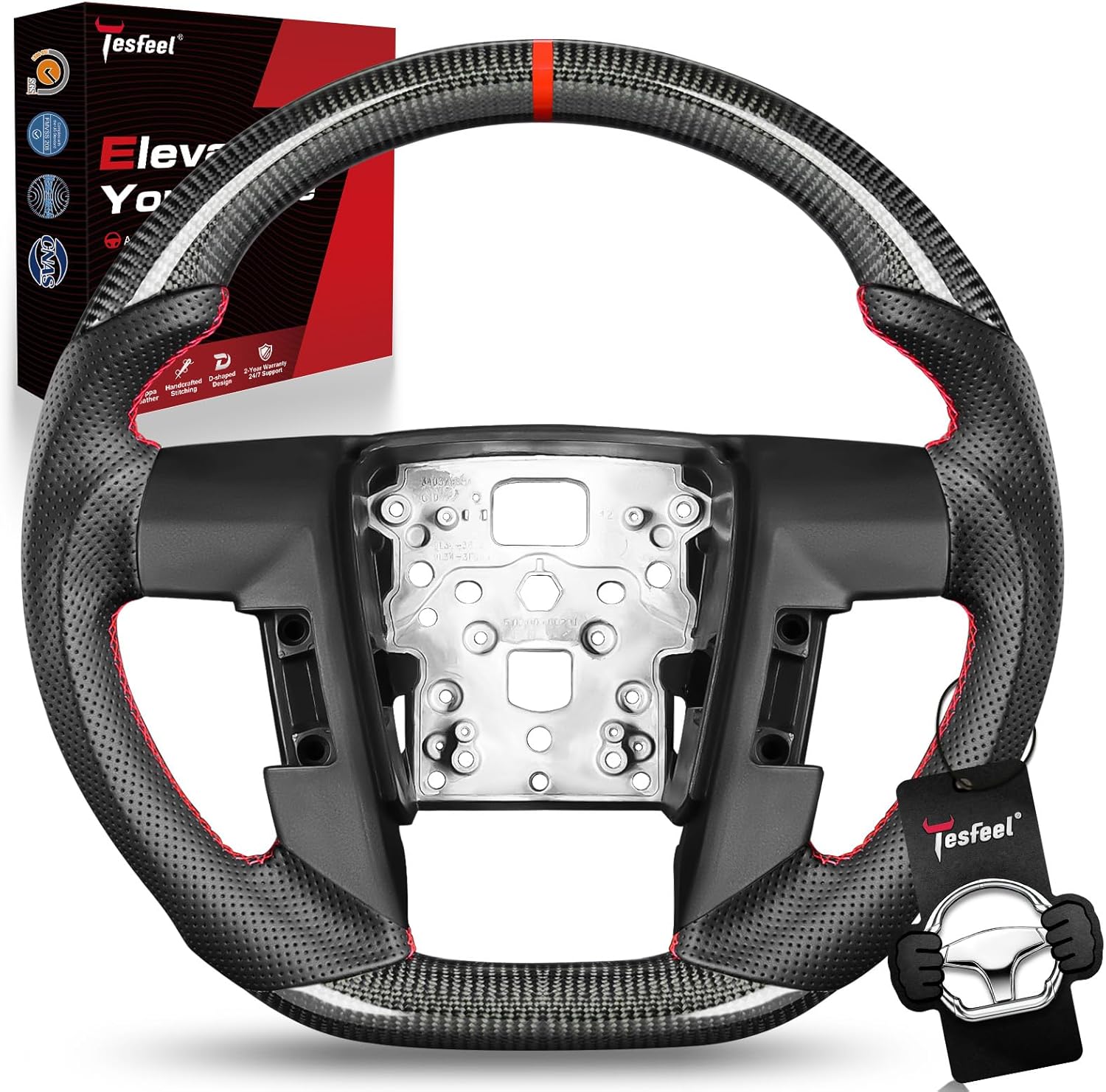 Steering Wheel for F-150&Raptor 2009–2014, Real Carbon Fiber, D-Shaped, Nappa Perforated Leather Grip, Red Stripe&Hand-Stitched, for Svt Raptor with Steering Wheel Buttons on Both Sides