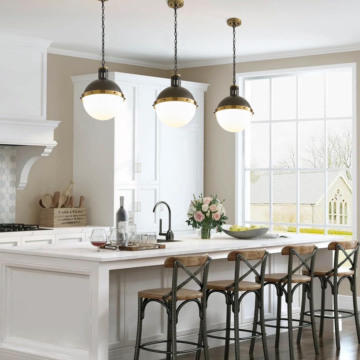 Aiwen Modern Kitchen Island Pendant Light Fixtures 1-Light 13 inch Black Finish White Glass Pendant Lighting Industrial Rustic Globe Hanging Ceiling Light for Entryway Dining Room E26