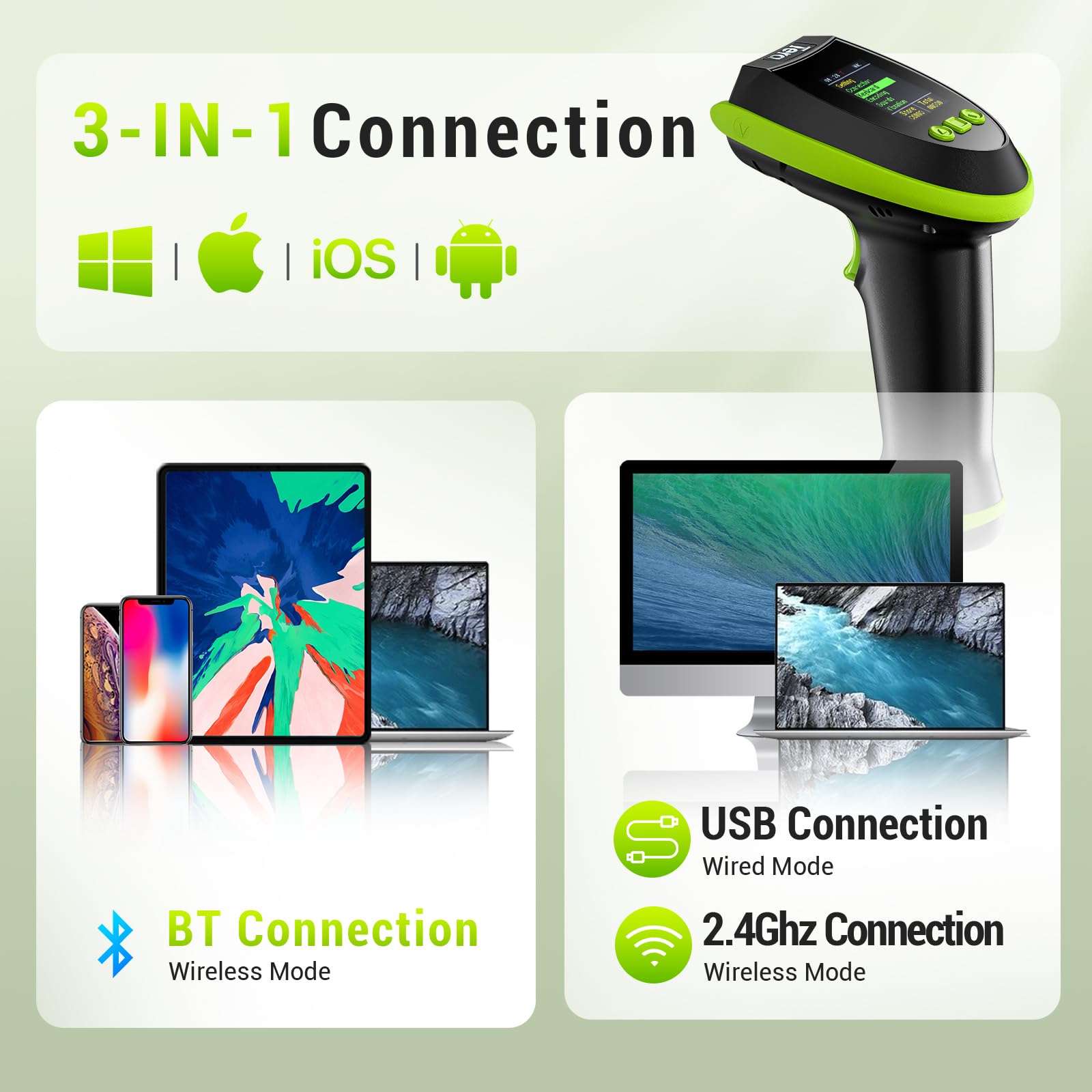 Tera Scanner di codici a barre wireless 2D con supporto: versione Pro con schermo di regolazione digitale e tastiera, funziona con Bluetooth 2,4 G cavo USB wireless extra veloce portatile HW0009-Z