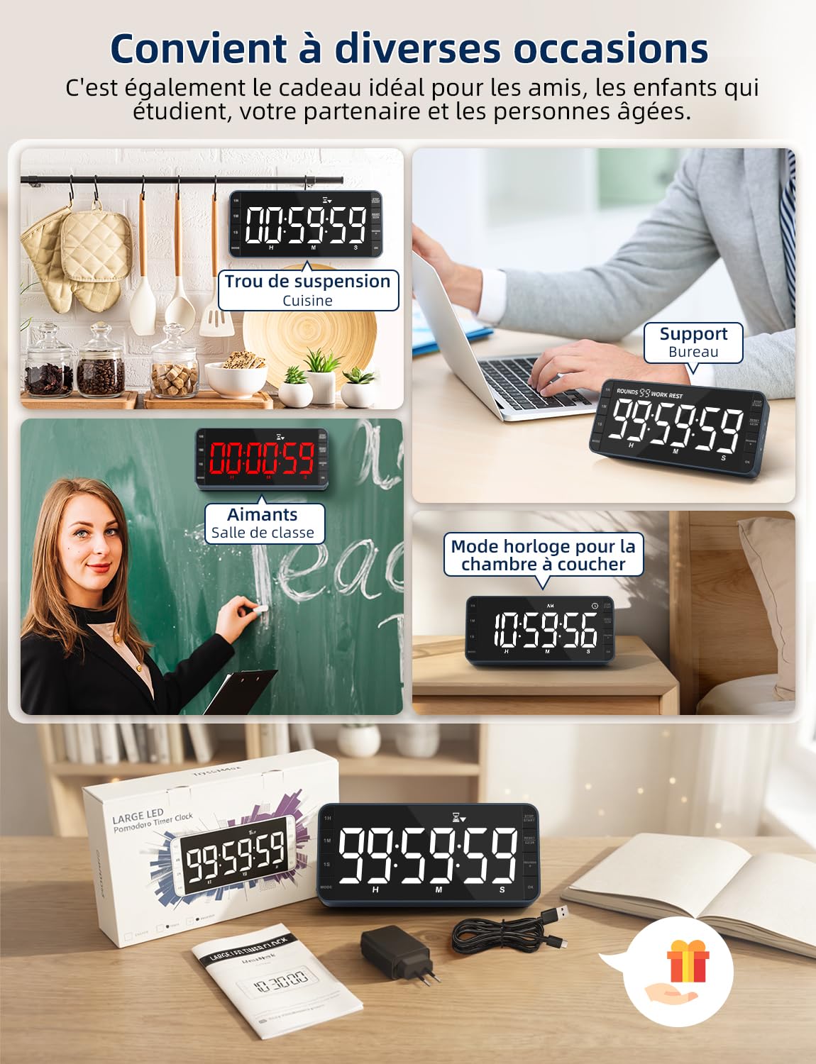Minuteur Horloge Cuisine: 99h 59min 59sec Compte à rebours/Montant, Rechargeable, numérique par intervalle, LED 7,8'' Large, 3 luminosités, 5 alarmes, 4 volumes, magnétique (Bleu Marine)