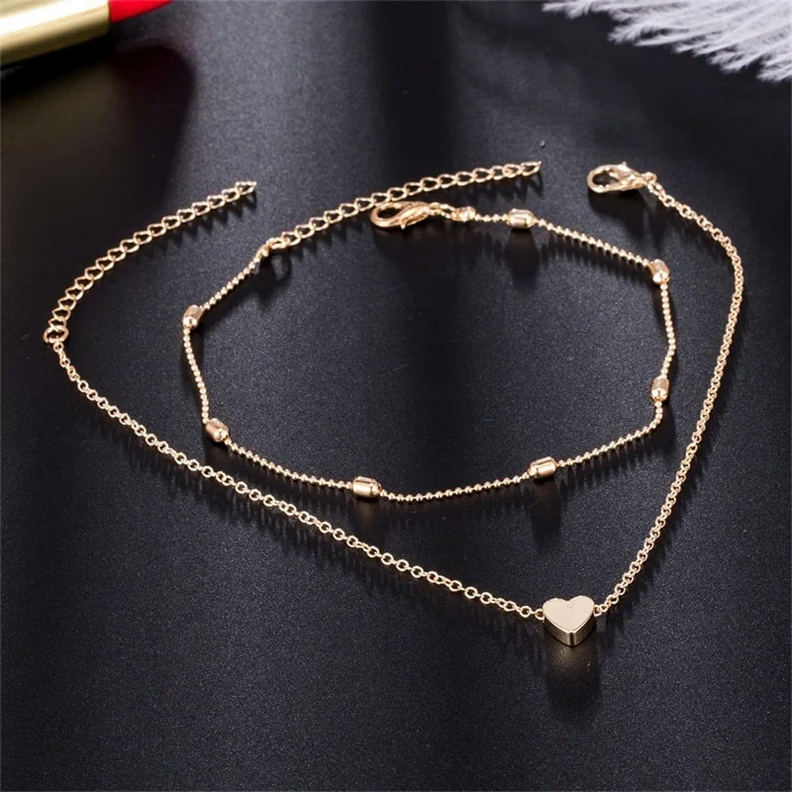 Cavigliera estiva da donna con perline rotonde, stile semplice e temperamento, a due piani, for le festività,Cavigliere