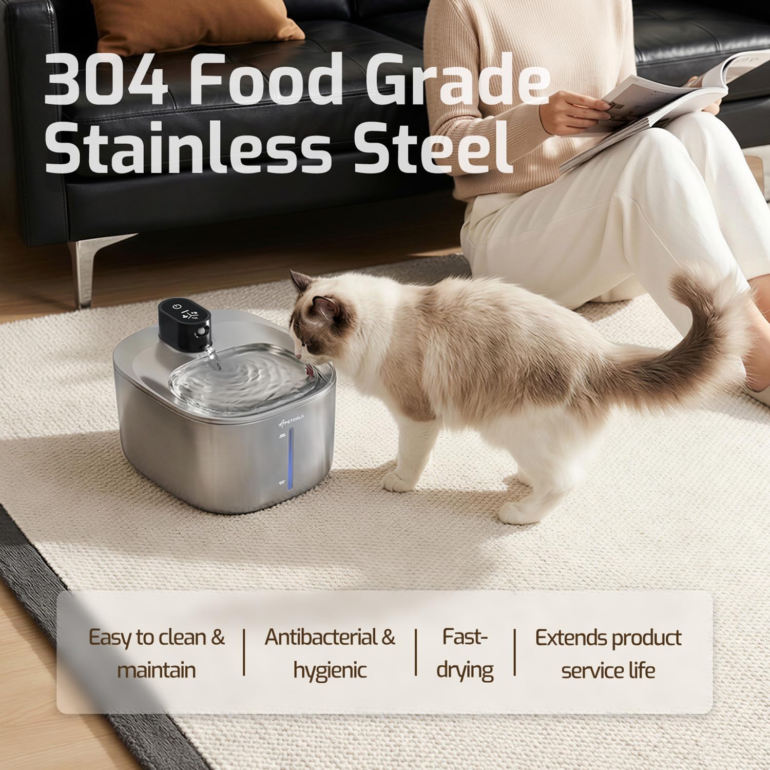Fuente de agua para gatos de acero inoxidable, 4,5 L, inalámbrica, para mascotas, cuenco de agua automático para gatos y perros con sensor de movimiento, fuente de agua filtrada
