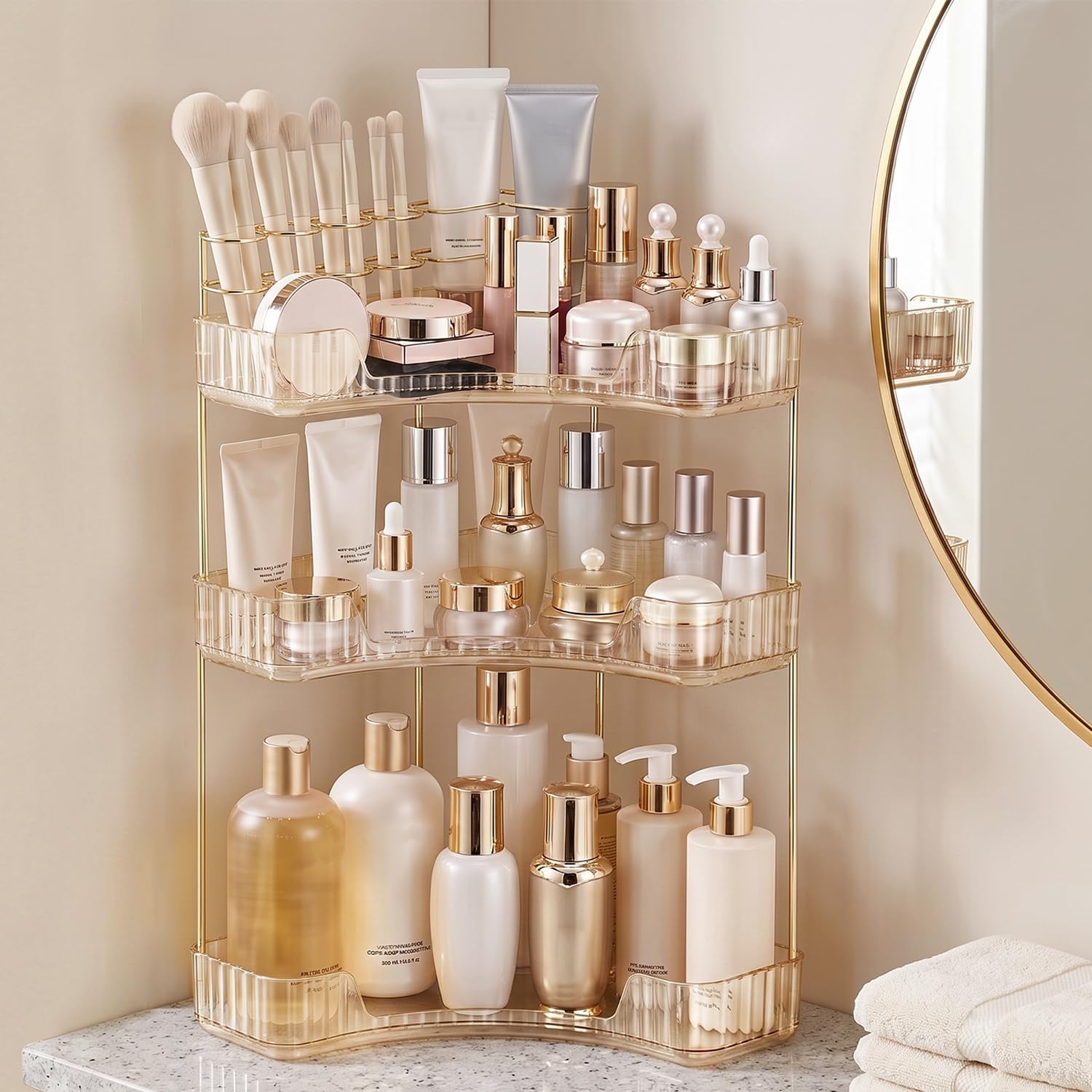 3-Tier Corner Bathroom Counter Organizer with Makeup Brush Holder, Gold