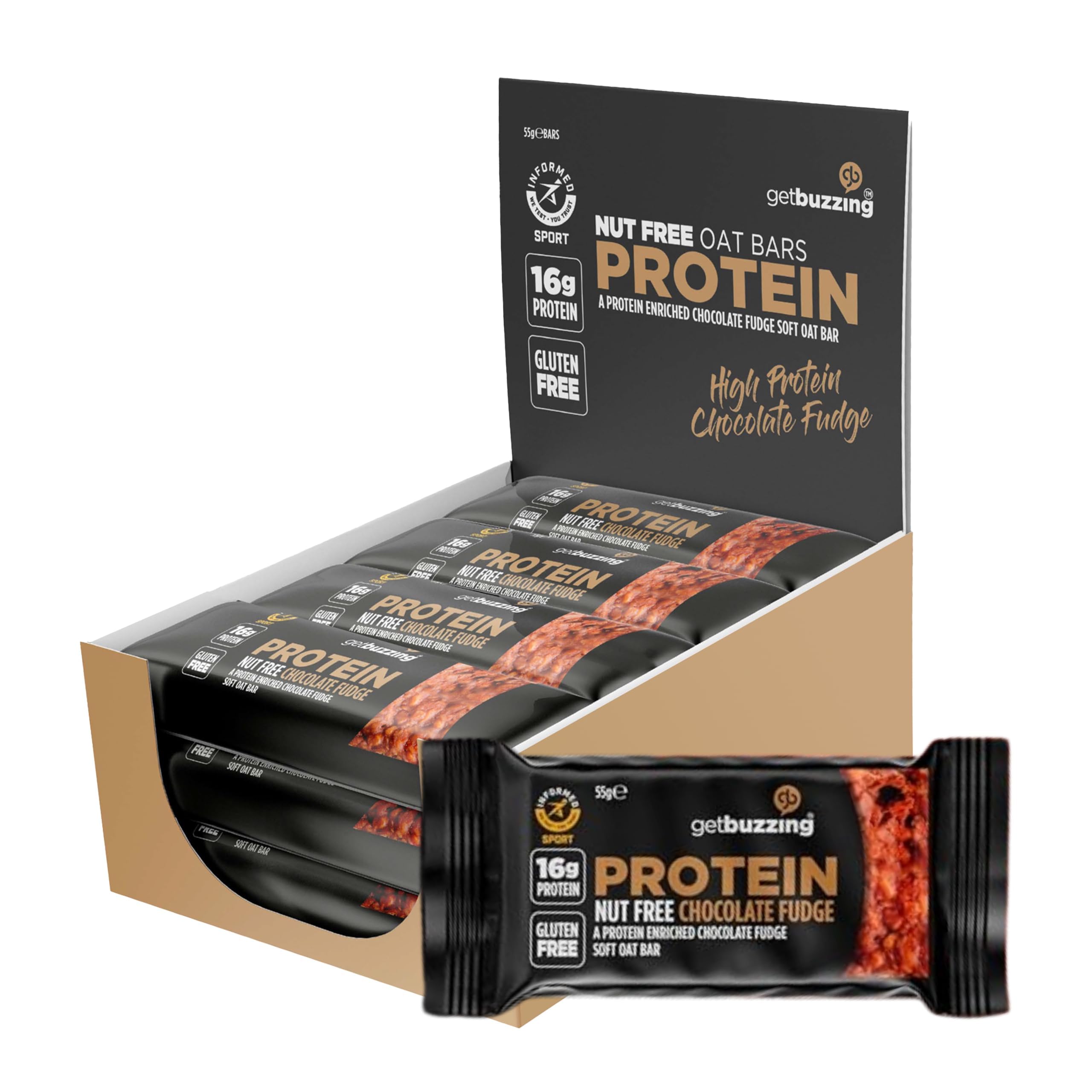 Getbuzzing Nut Free Oat Protein Flapjack Bars – Gluten Free Healthy Snack with Natural Ingredients, High Fibre & School Safe – 12 x 55g Pack – [Chocolate Fudge] - Supports Running, Cycling and Gym