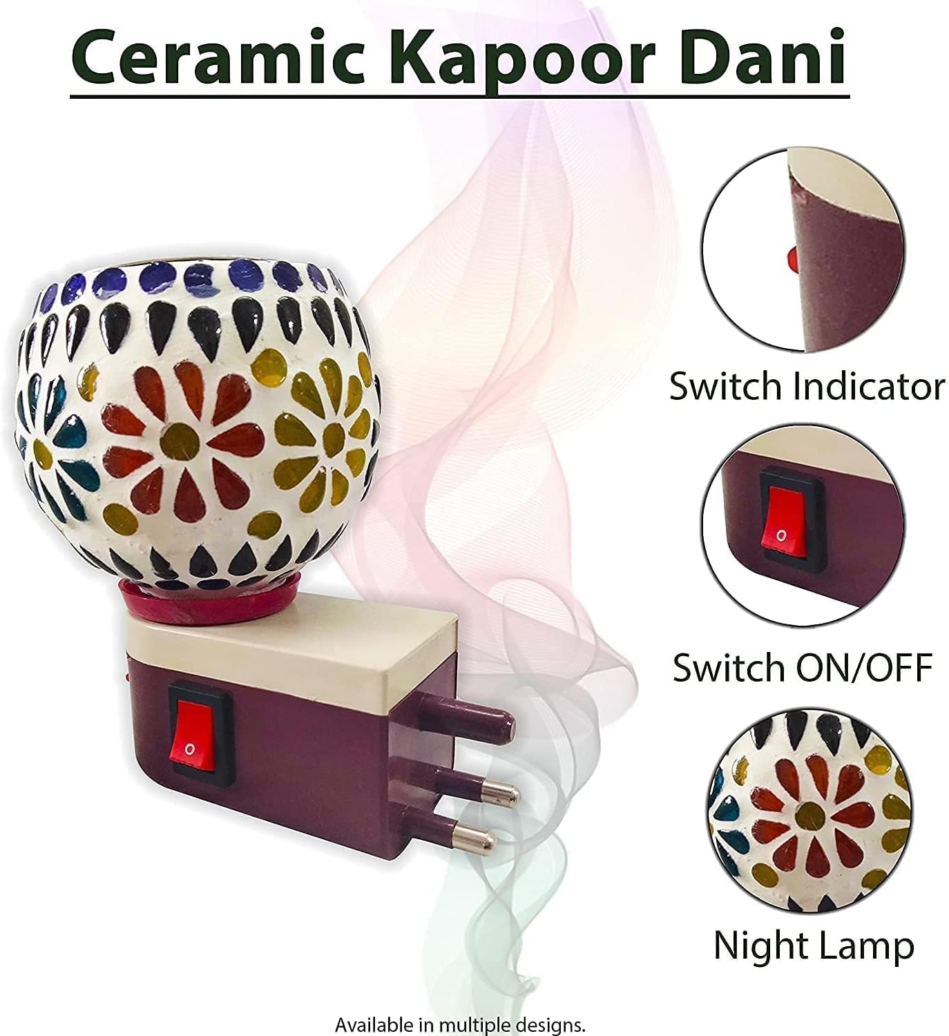 Ceramic Electric Incense Burner, Multi-Purpose Kapoor Dani Camphor Burner with on/Off Switch to Toggle Between Burner and Lamp, Essential Oil Diffuser, Aroma Diffuser, Night Camphor Diffuser