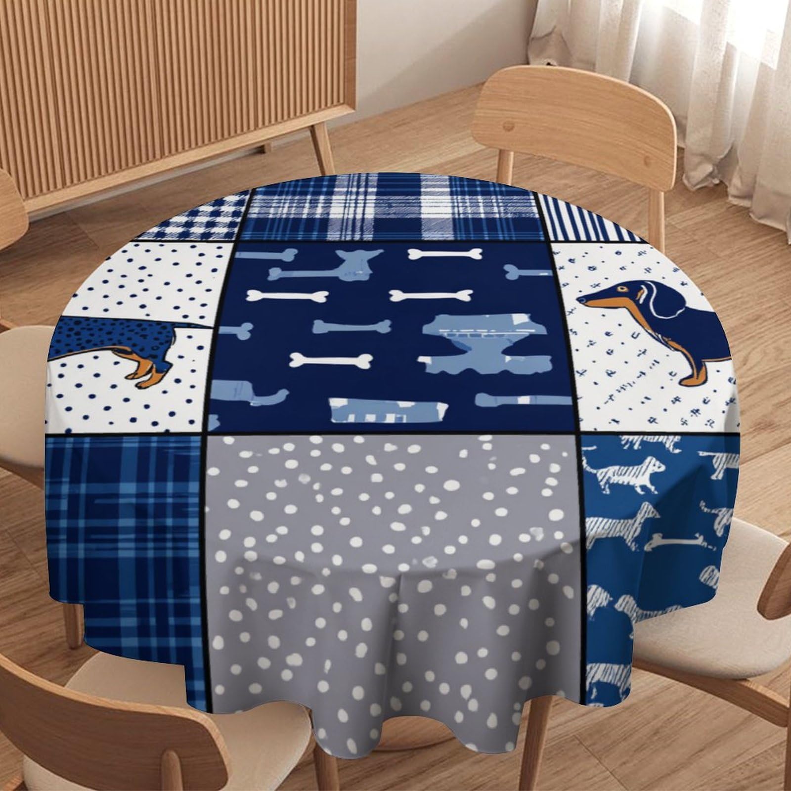 LUYYSKY Funny Watercolor Dog Silhouette Waterproof Round Tablecloth Vintage Rustic Patchwork Art Animals Dog Puppies Washable Table Cover for Kitchen-127 Wx127 L cm