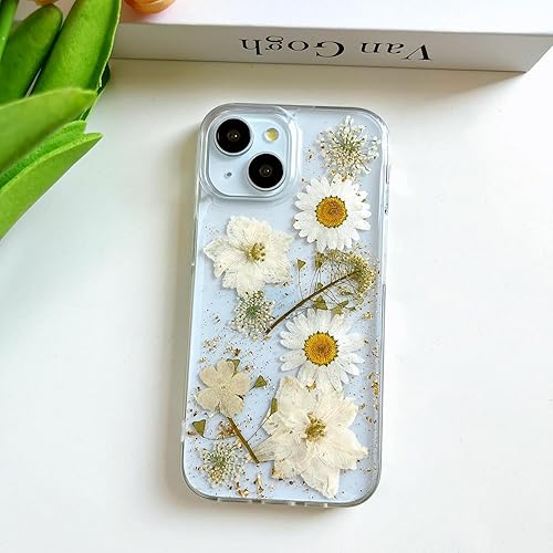 Miniatura 3 de LSEEKA Funda transparente para iPhone 14 PlusiPhone 15 Plus con diseño de flores reales prensadas, con purpurina y bonito patrón floral blanco,