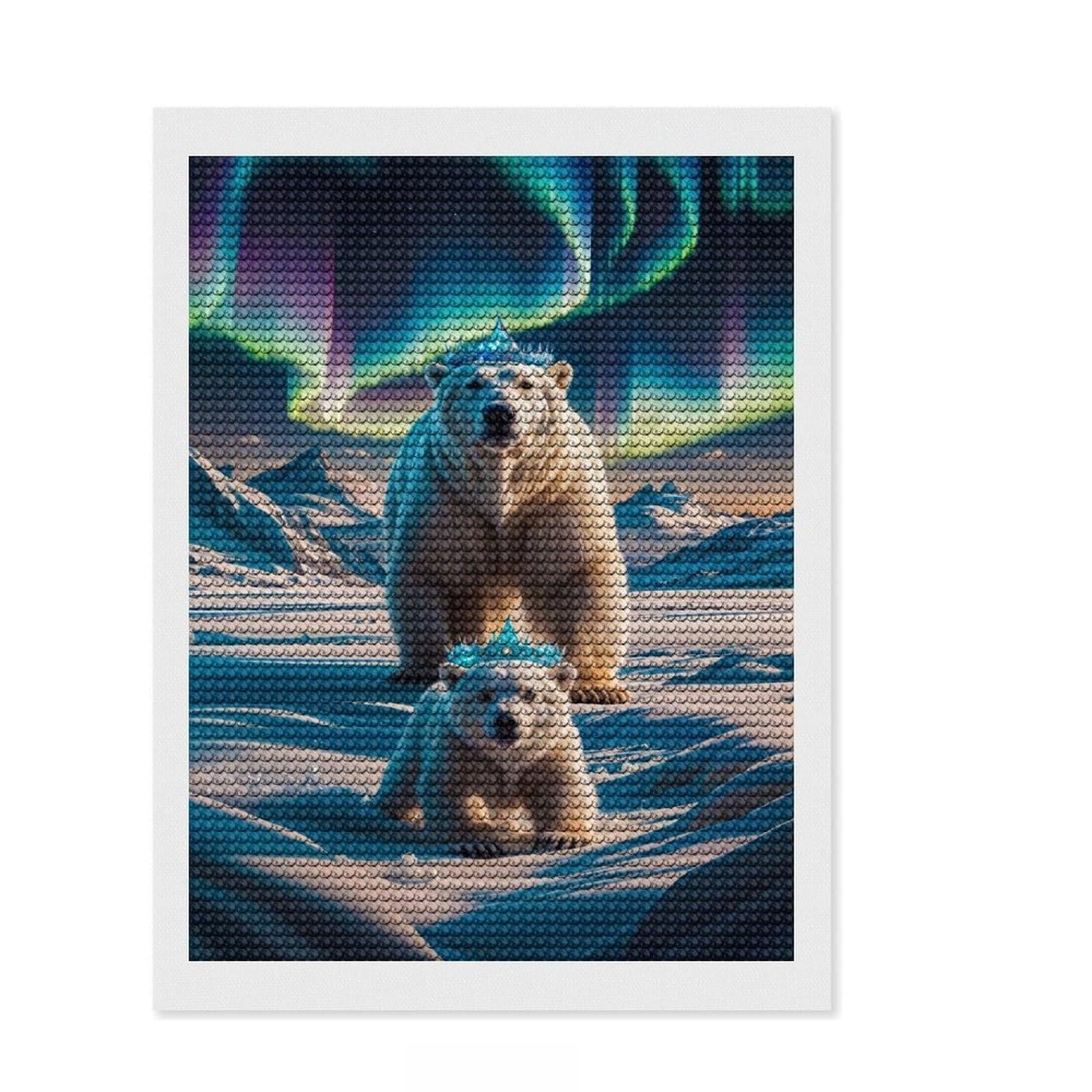 Junmoney Aurora Crowned Polar Bears Diamond Painting Kit 12"x16", Stress Relief Craft, Neat Printed Canvas, Boho Decor, Festive Craft Gift