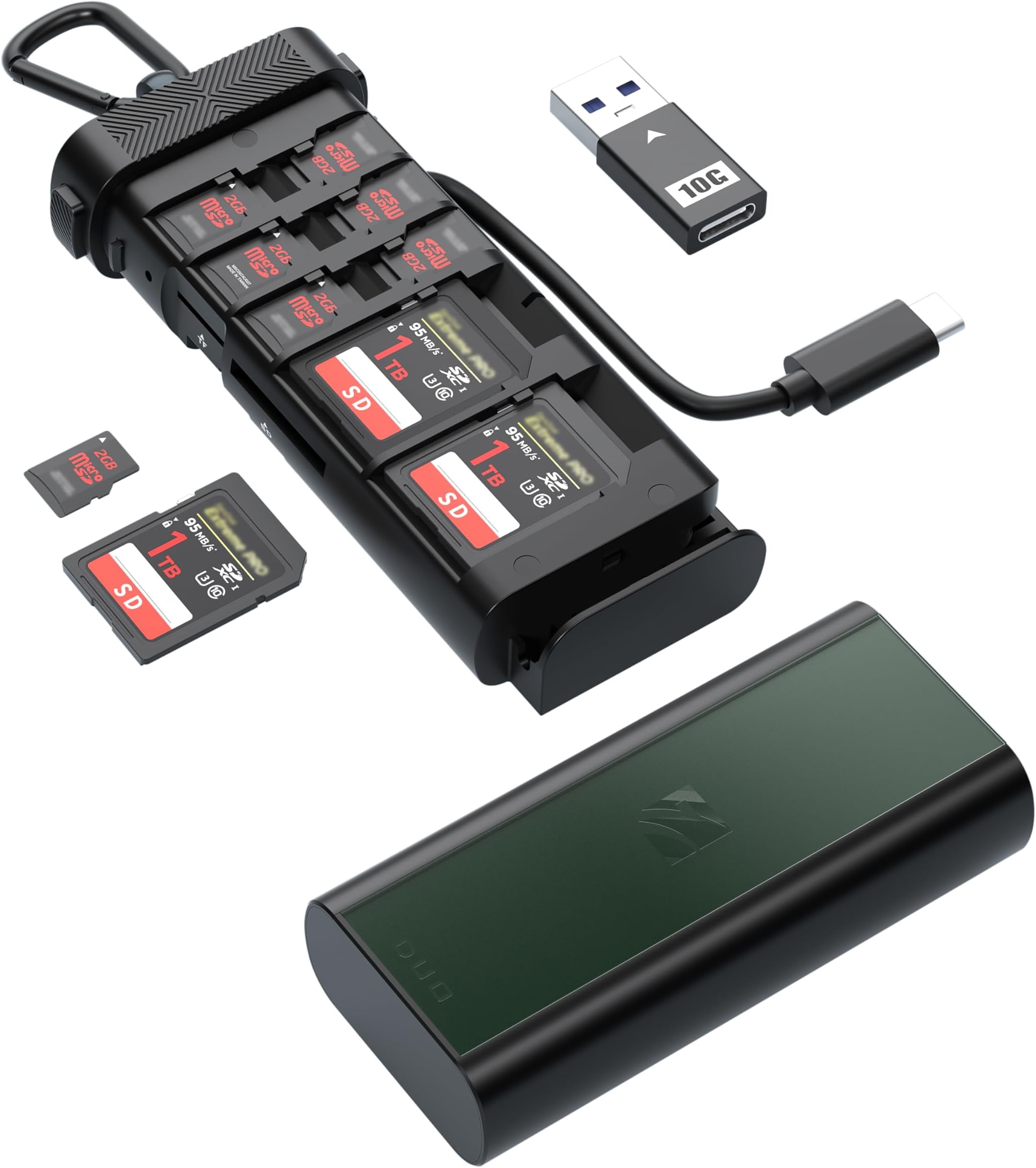 USB 3.2 Duo Card Reader: SD & Micro SD Dual Slot Reader with Storage Compartment Designed for Professional Photographers and Videographers