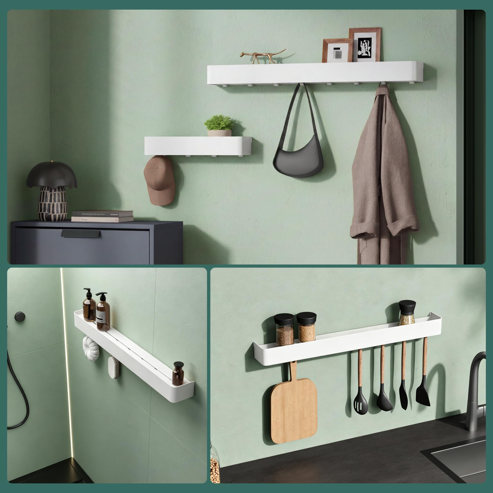 Mai & Mai Wandgarderobe mit Ablage und 6 Haken, Garderobenleiste 60 cm zur Wandmontage, Kleiderhaken für Flur, Badezimmer oder Küche, multifunktionale Garderobe, Sandweiß Reglo-05