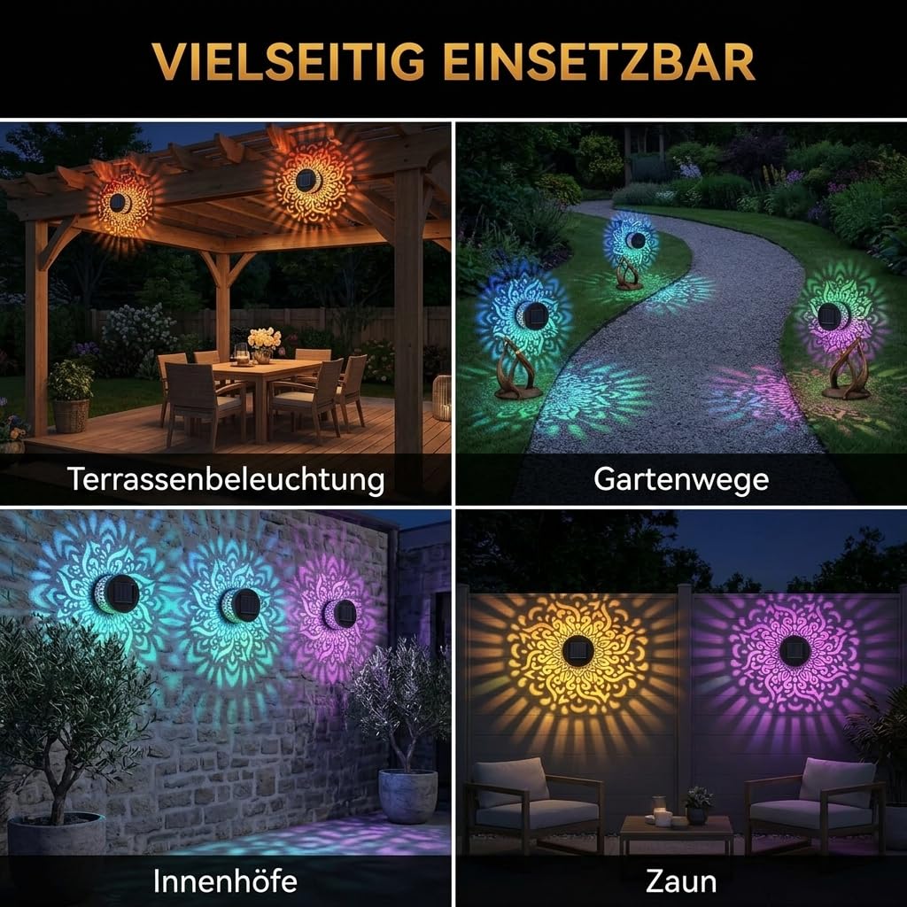 Solar Wandleuchte,Solar Wandleuchte Außen,Dekorative für den Außenbereich | 7 Farb-Verlauf,Projektionslampe,Wasserdicht,Metalllampe für Hinterhofpfosten,Hof,Terrasse,Garten,Balkon,Zaun（4 Stück）
