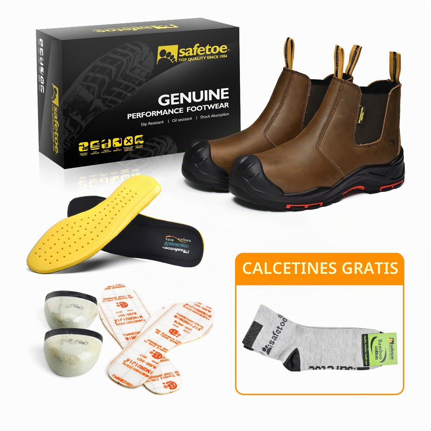 Safetoe Botas de seguridad M-8025NBO para hombre, ajuste ancho, puntera compuesta, botas de trabajo ESD, antiestáticas, impermeables, de piel de vacuno, resistentes, antideslizantes, suela de goma de