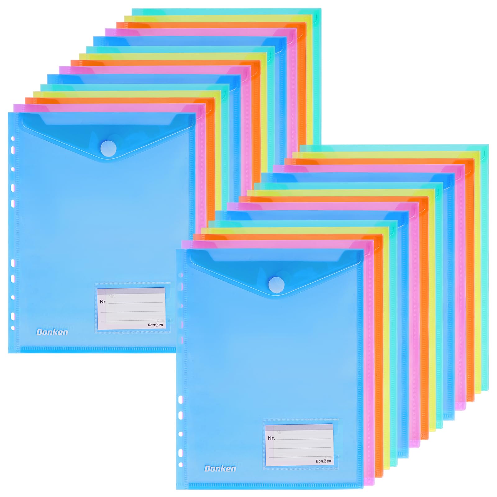 Dokumententasche A4, Dokumentenmappe A4, 30 Stück Bunte Mappen mit Klettverschluss, Sammelmappen Sichttasche für Organisieren mit 11 Lochrand & Etikettentasche