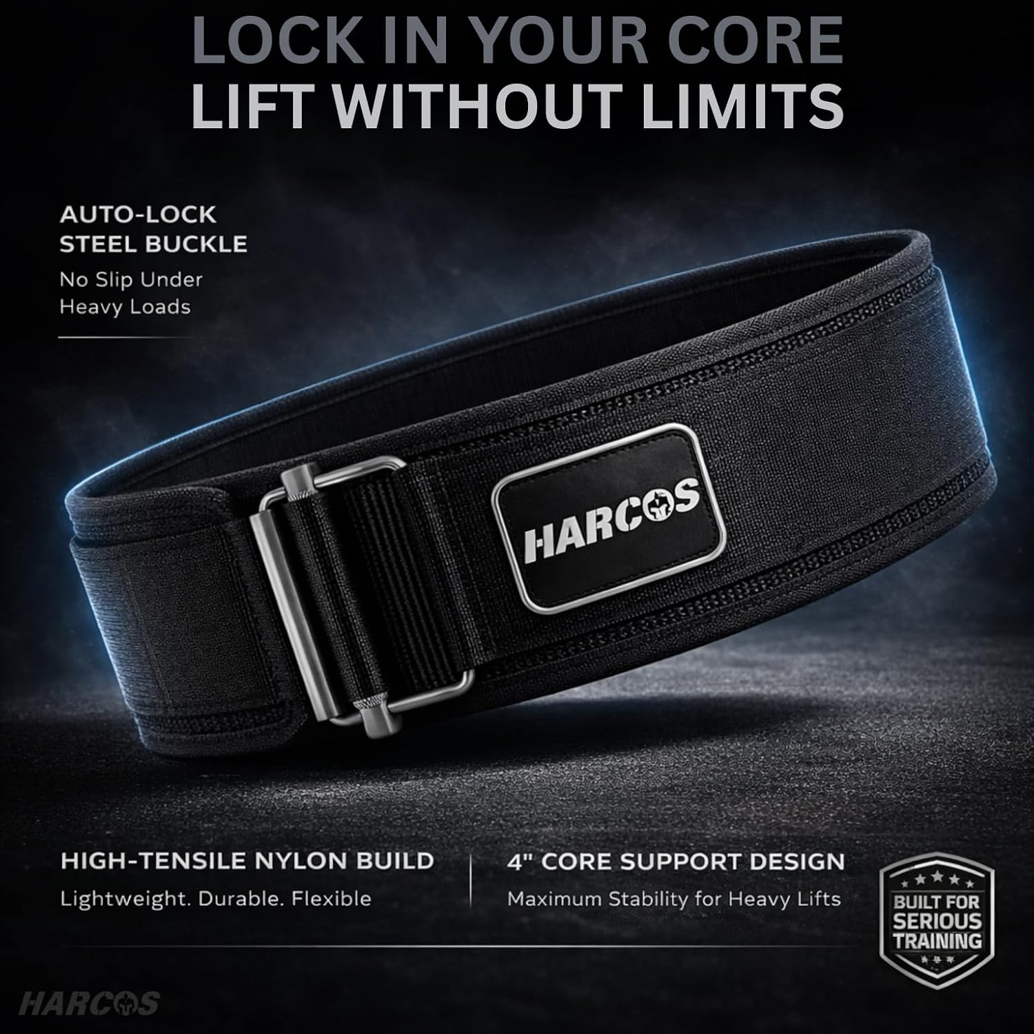 HARCOS Auto-Lock Weight Lifting Belt – 4” Premium Nylon Gym Belt for Squats, Deadlifts & Olympic Lifting – Adjustable Core Support Belt for Men & Women