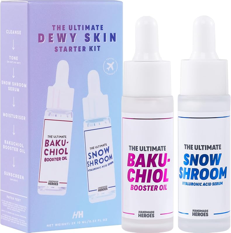 Travel size 2% Bakuchiol Oil and Hyaluronic Acid Serum by Handmade Heroes with Sugarcane Squalane, All Natural Retinol Alternative For Radiant and Line Smoothing Travel Set for Dewy Skin
