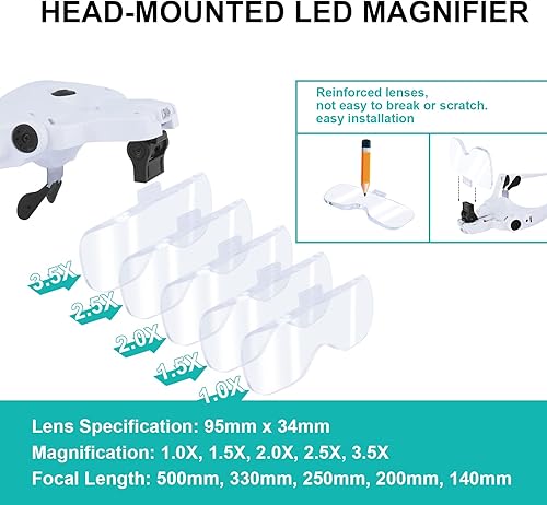 Miniatura 4 de Lupas con luz para un trabajo cercano anteojos de lupa recargables lentes intercambiables 10 x 15 x 20 x 25 x 35 x para lectura artes y manualidades