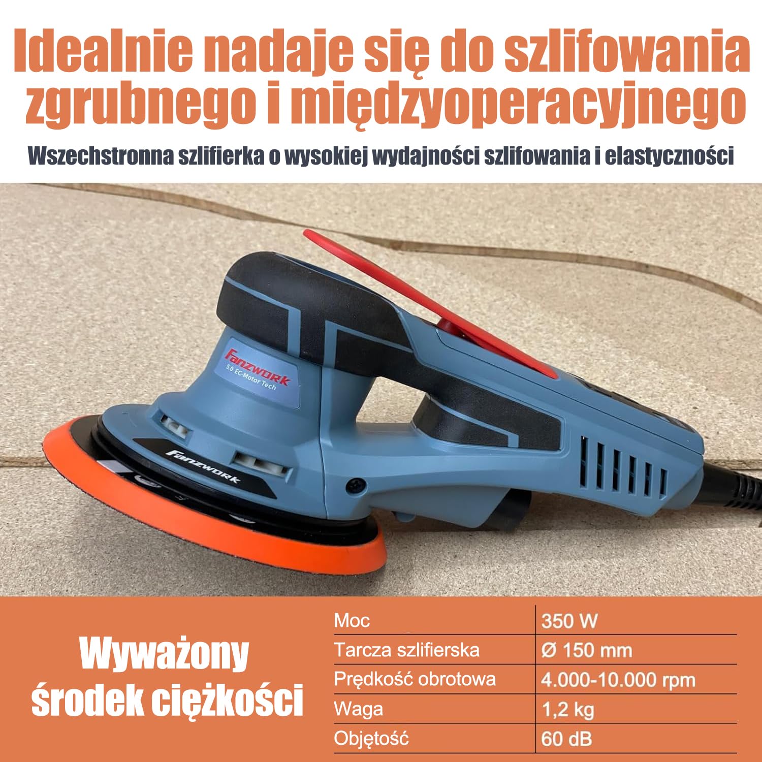 Fanzwork Szlifierka mimośrodowa 5 mm 125/150 mm Bezszczotkowy Silnik EC 350 W 7 Prędkości 10 000 obr./min z Walizką