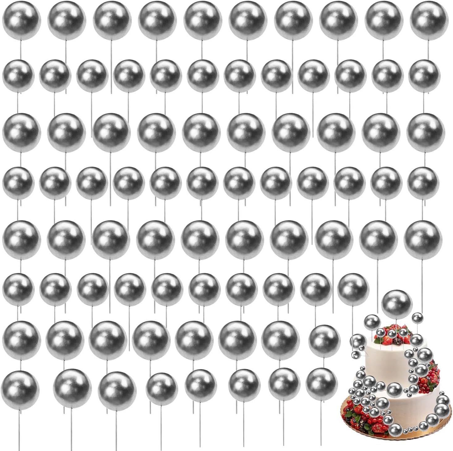 80 Pieces Silver Balls Cake Topper Happy Birthday Cake
