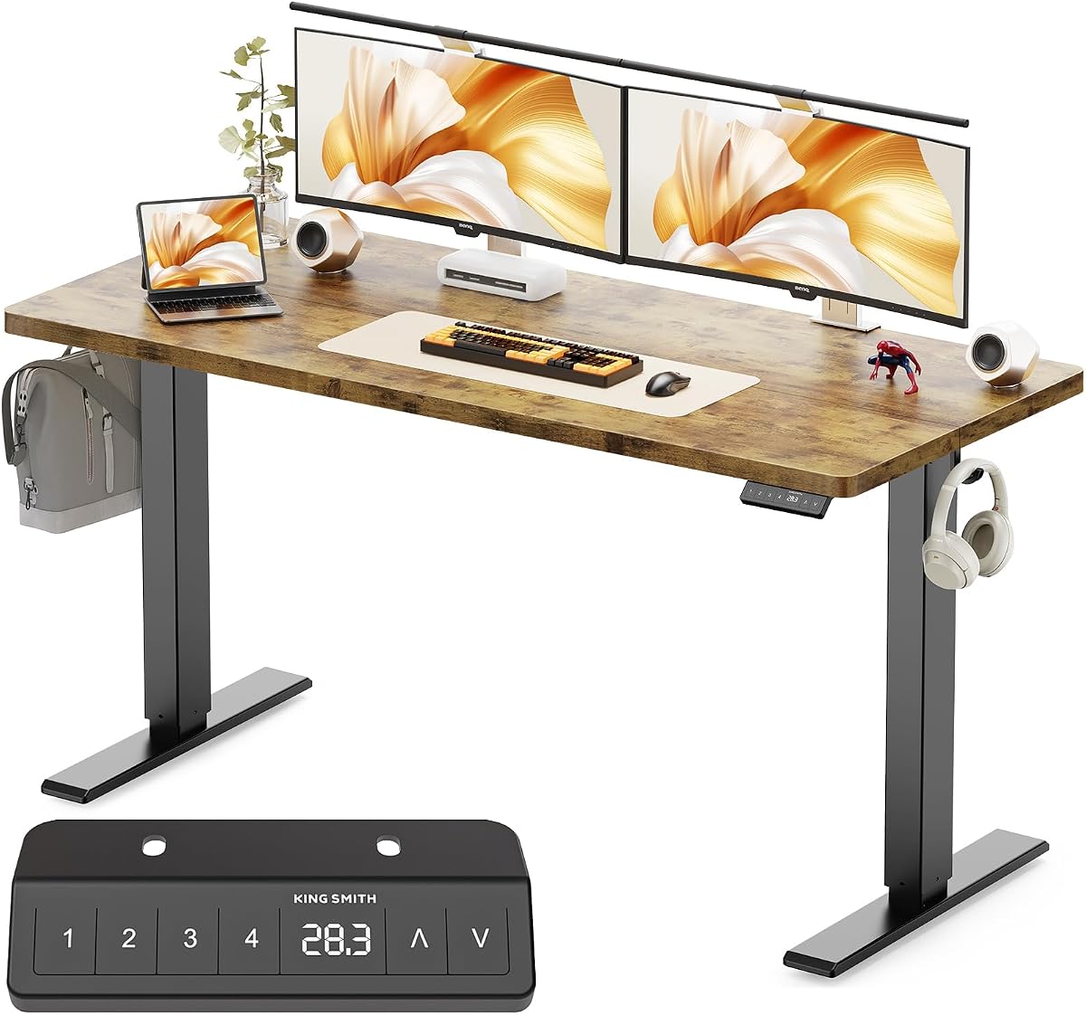 WALKINGDESK 48x24 Inches Height Adjustable Electric Standing Desk with 2 Hooks for Home Office, Ergonomic Sit Stand up Desk with Splice Board, Rustic Brown