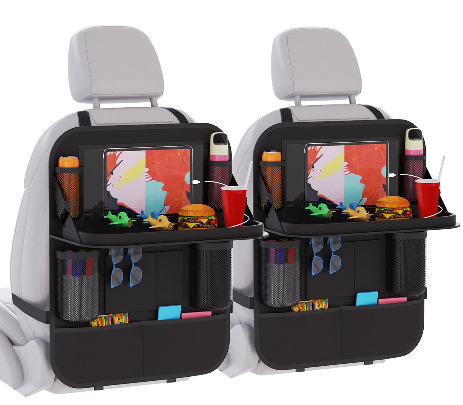 Boolico 2 Stück Rückenlehnenschutz, Autositz Organizer Kinder mit Klapptisch, Oxford Tuch verhindern Kick Auto Rücksitz Veranstalter, Auto Reisezubehör Tablet Tasche und 10 Taschen