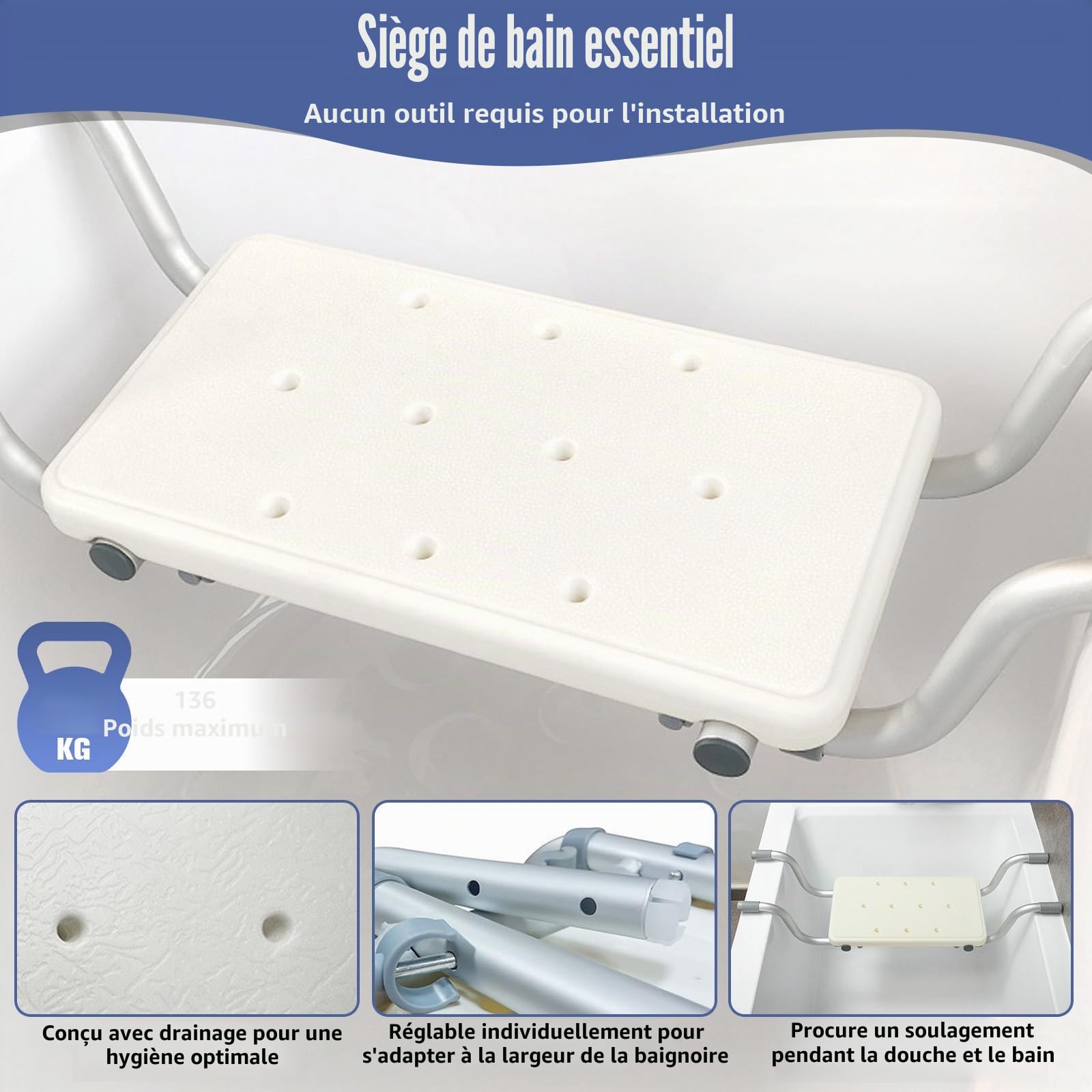 Siège de bain réglable pour personnes âgées - Siège de douche antidérapant pour baignoire, planche de bain avec largeurs réglables - Planche de bain pour personnes âgées, femmes enceintes, enfants