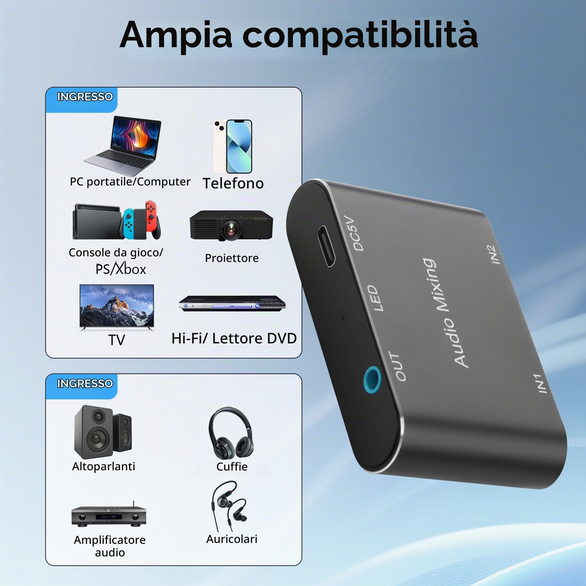GINTOOYUN Mixer audio stereo da 3,5 mm 2 in 1 out mini mixer audio stereo da 3,5 mm con cavo di ricarica USB da 1,64 m per laptop, telefoni, cuffie, altoparlanti, ecc
