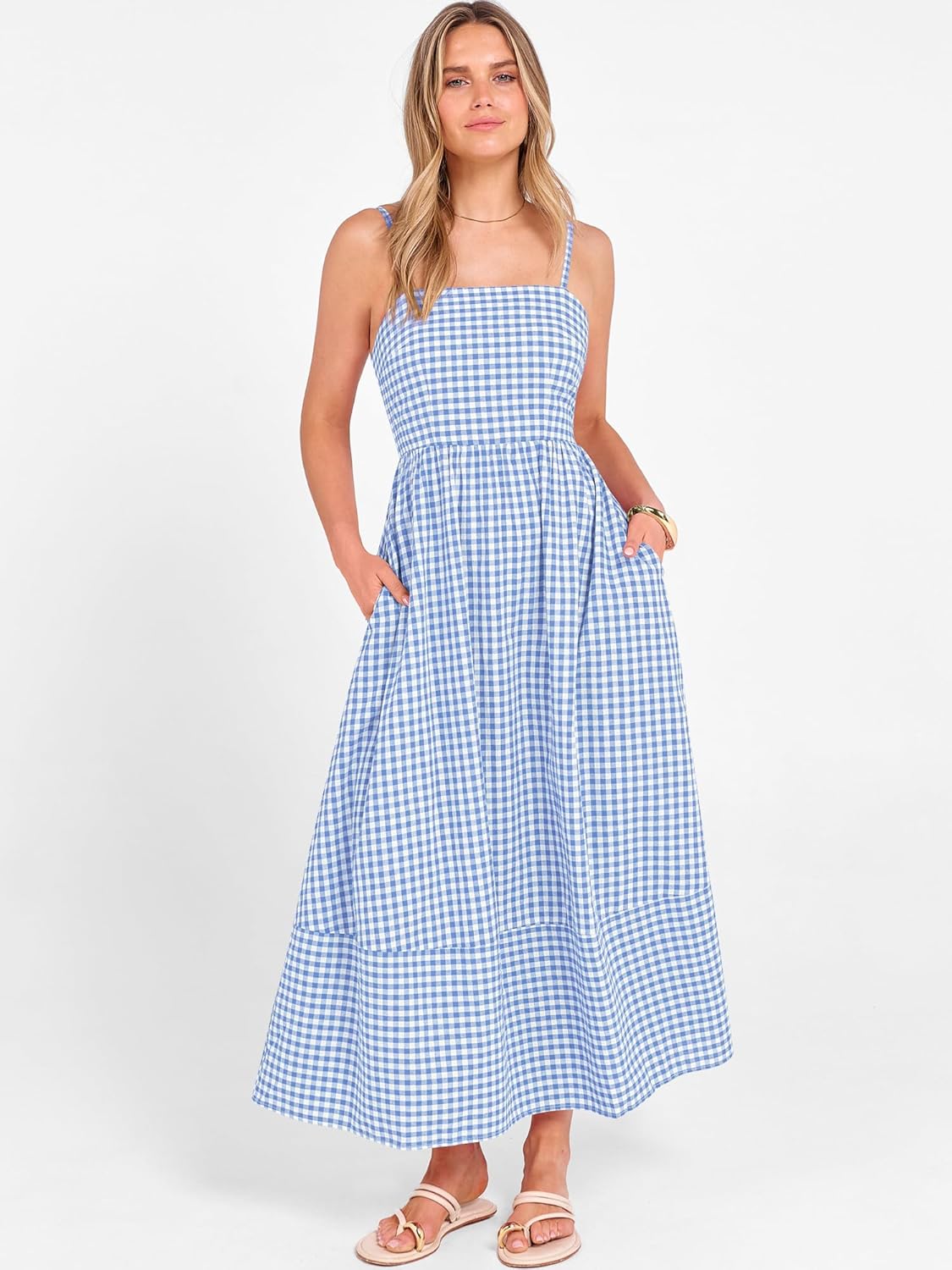 Caracilia Womens Maxi Dresses Gingham Spaghetti Strap Back Smocked Flowy Long Sundress Summer Beach Vacation Clothes 2026 - Image 2