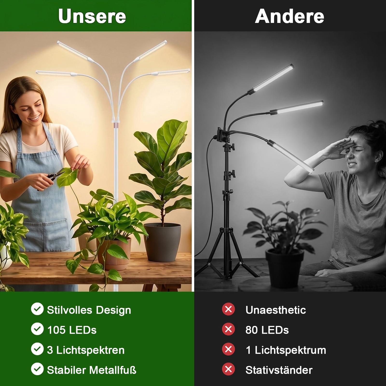 ERWEY Lampe Horticole, LED Lampe Plante Interieur avec Minuterie 4/8/12H, Spectre Complet Réglable, Hauteur Réglable 63–180 cm, pour Germination Croissance Floraison Végétale