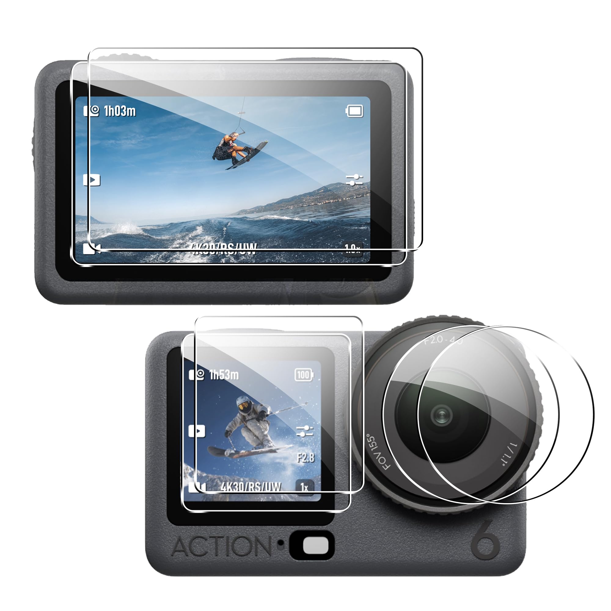 6 Pezzi Pellicola Protettiva per DJI Action 6 vetro temperato, 4 Pezzi Pellicola Protettiva con 2 Pezzi Pellicola Fotocamera, 9H Durezza, Anti Graffi