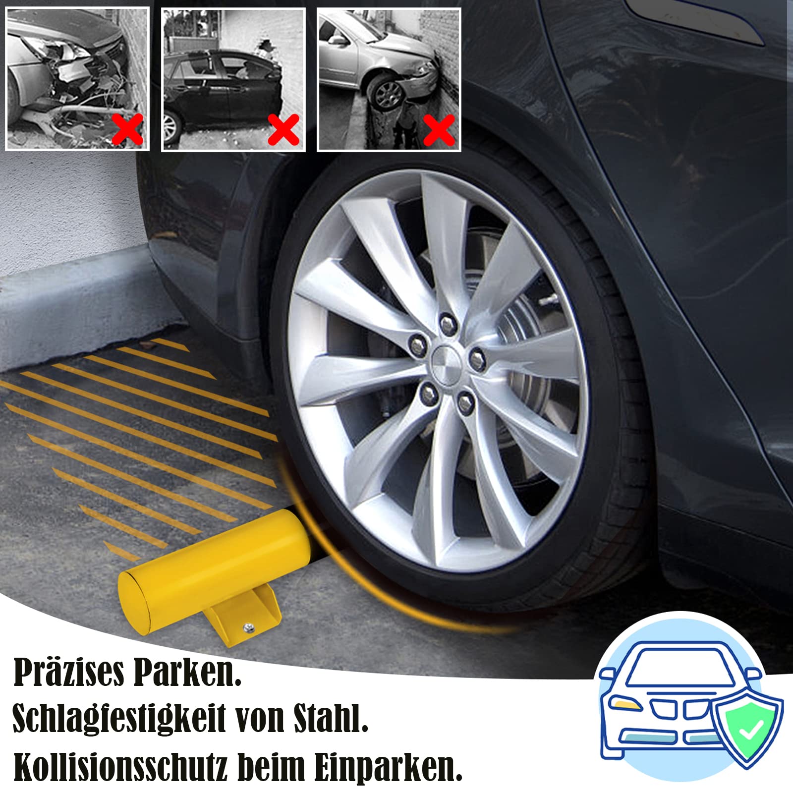 LZQ Set van 2 wielstoppers, parkeerbegrenzing, rubber, wielstop-parkeerbegrenzing, startbescherming, parkeerstopper met gele reflecterende strips voor garages en commerciële parkeerplaatsen (60 x 12 x