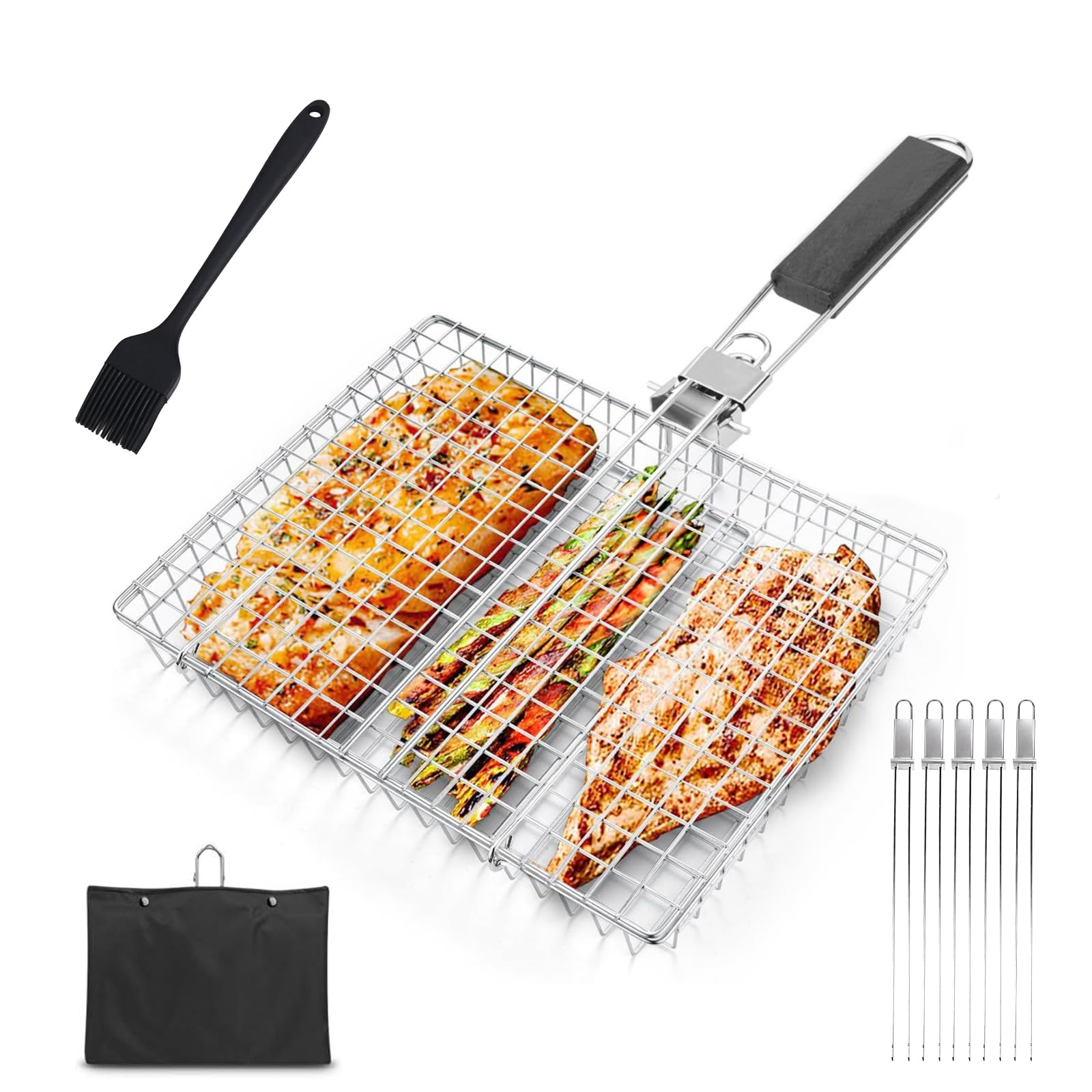 Grillkorb, Faltbare Tragbar Grillkörbe aus Edelstahl mit Aufbewahrungsbeutel, Fischgrillgitter mit Abnehmbarem Griff und Bürsten, Grillhalter für Fisch, Gemüse, Fleisch
