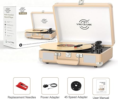 Miniatura 12 de VINYLSLINK - Tocadiscos de vinilo Bluetooth con ajuste de agudos y graves, maleta giratoria portátil vintage con altavoces integrados, transmisión