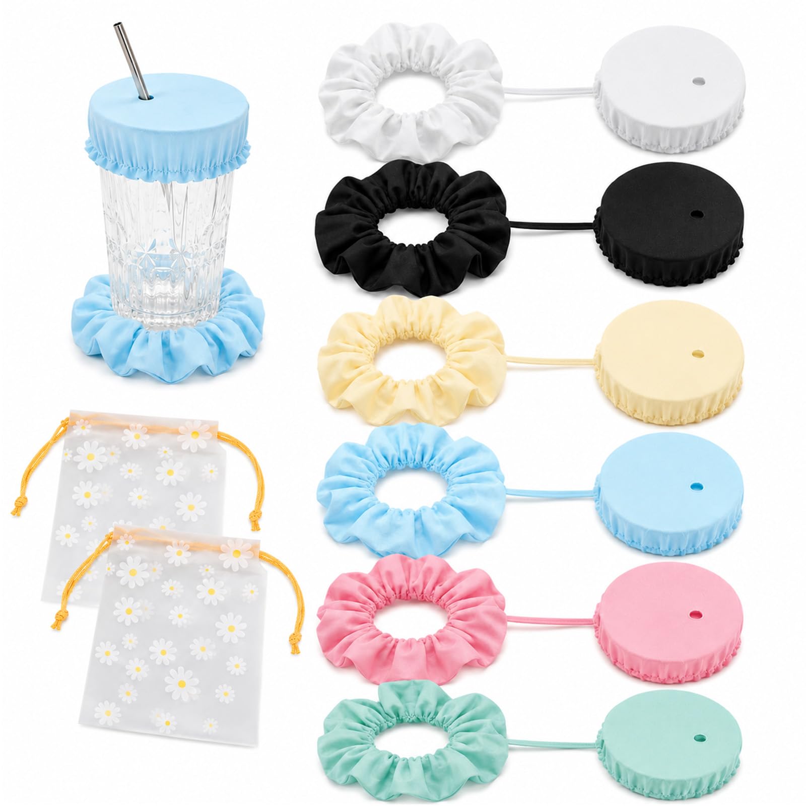 6PCS Drink Covers Anti Spike, Reusable Scrunchie Cup Covers with Straw Hole
