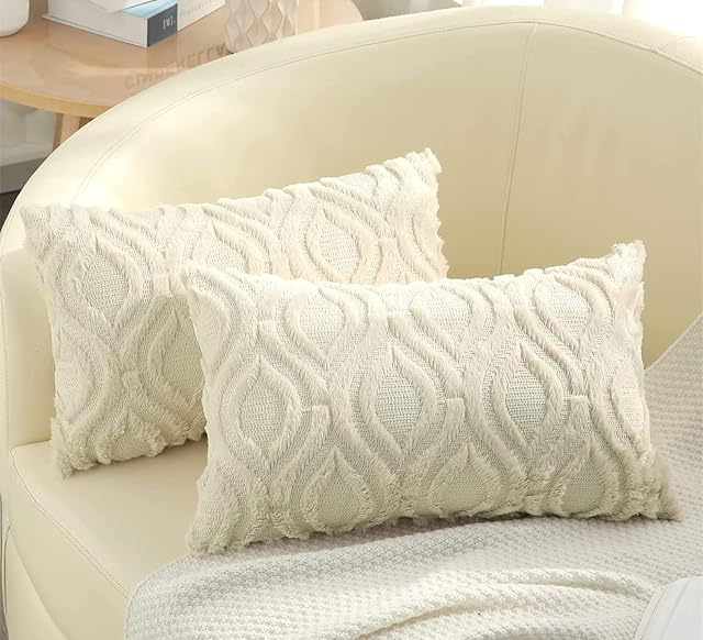 decorUhome Set of 2 FurCushion Covers 30x50 cm, Decorative Soft Plush Faux Cushion Cover 12X20 for Sofa, Beige
