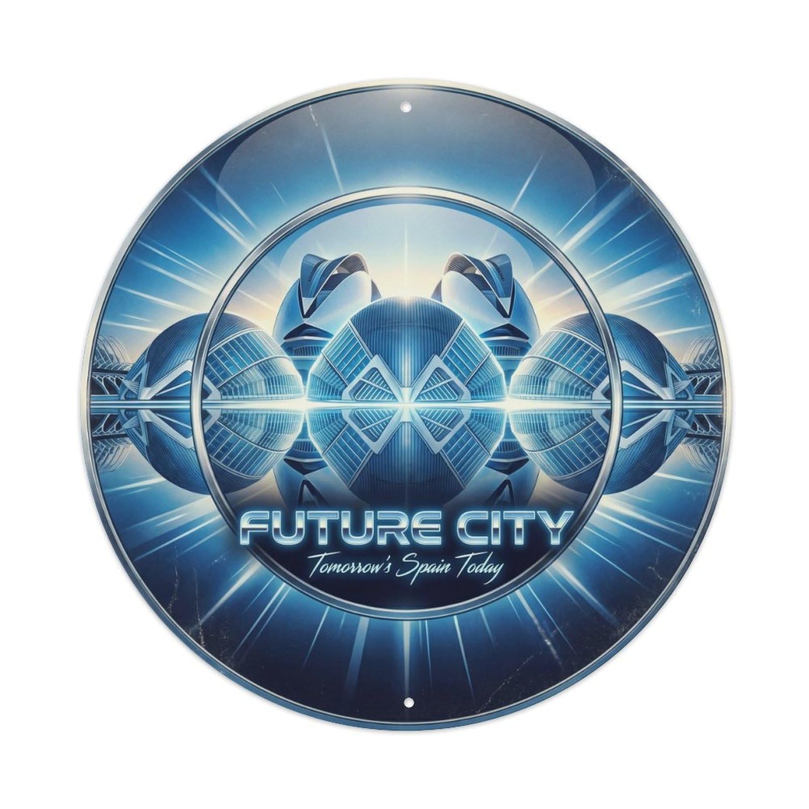 Vintage Travel Futuristic Spain Vintage Metal Tin Sign Plaque Wall Decor for Cafe, Club, Garden Round Metal Poster 8x8Inch