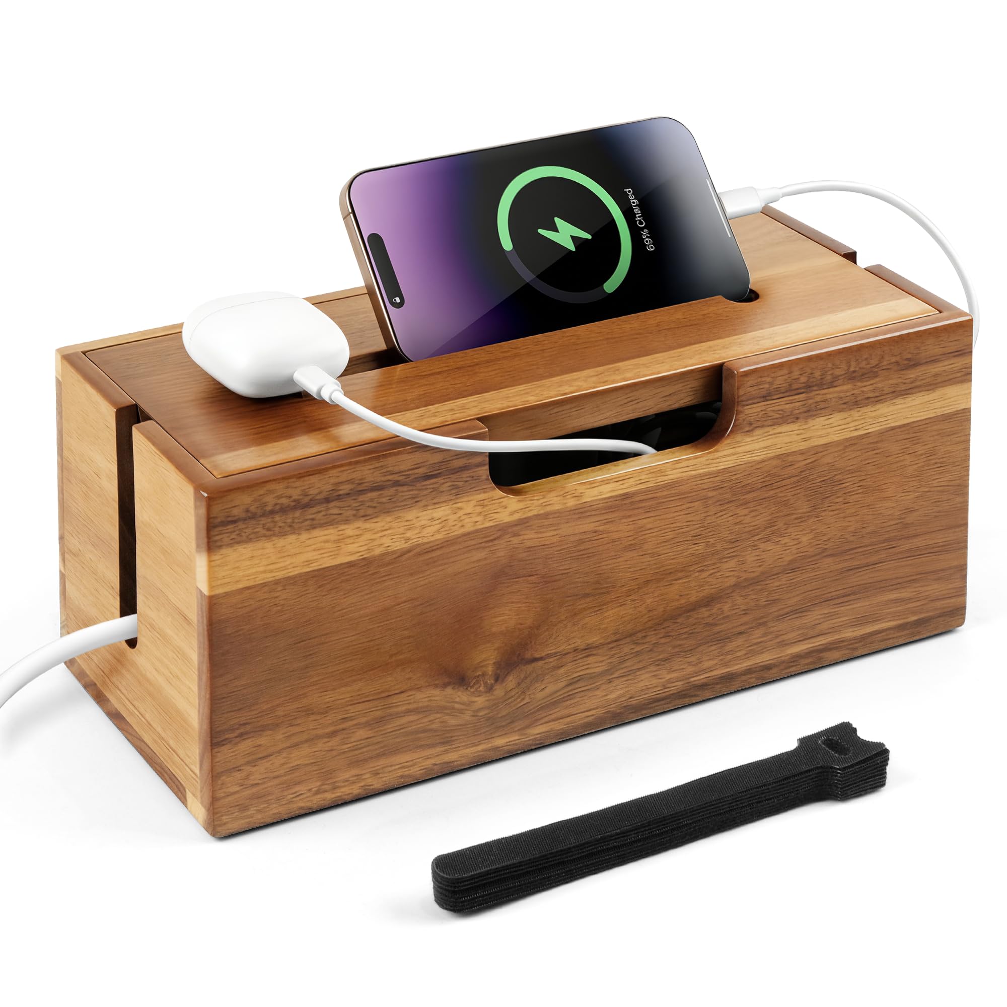 Akazien-Kabel-Management-Box, Kabelversteck-Organizer mit Telefonständer, 30,5 cm lange Kabelbox für Steckdosenleiste, TV-Kabel und Schreibtisch-Kabelaufbewahrung