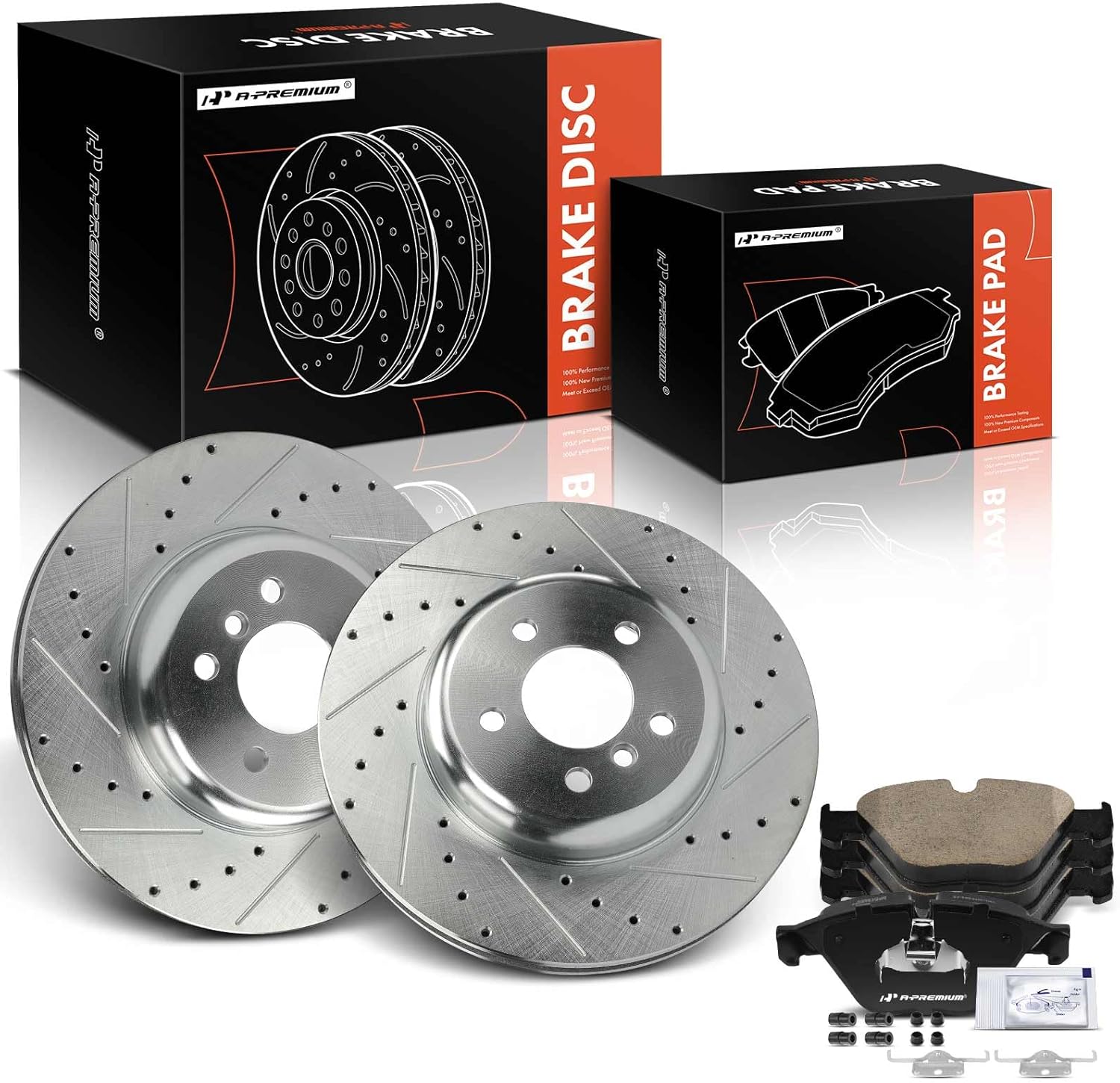 A-Premium 13.70 in (348 mm) Front Drilled and Slotted Disc Brake Rotors + Ceramic Pads Kit Compatible with Select BMW Models - 535d, 535d xDrive, 535i, 535i xDrive, 640i, 640i Gran Coupe, 6-PC Set