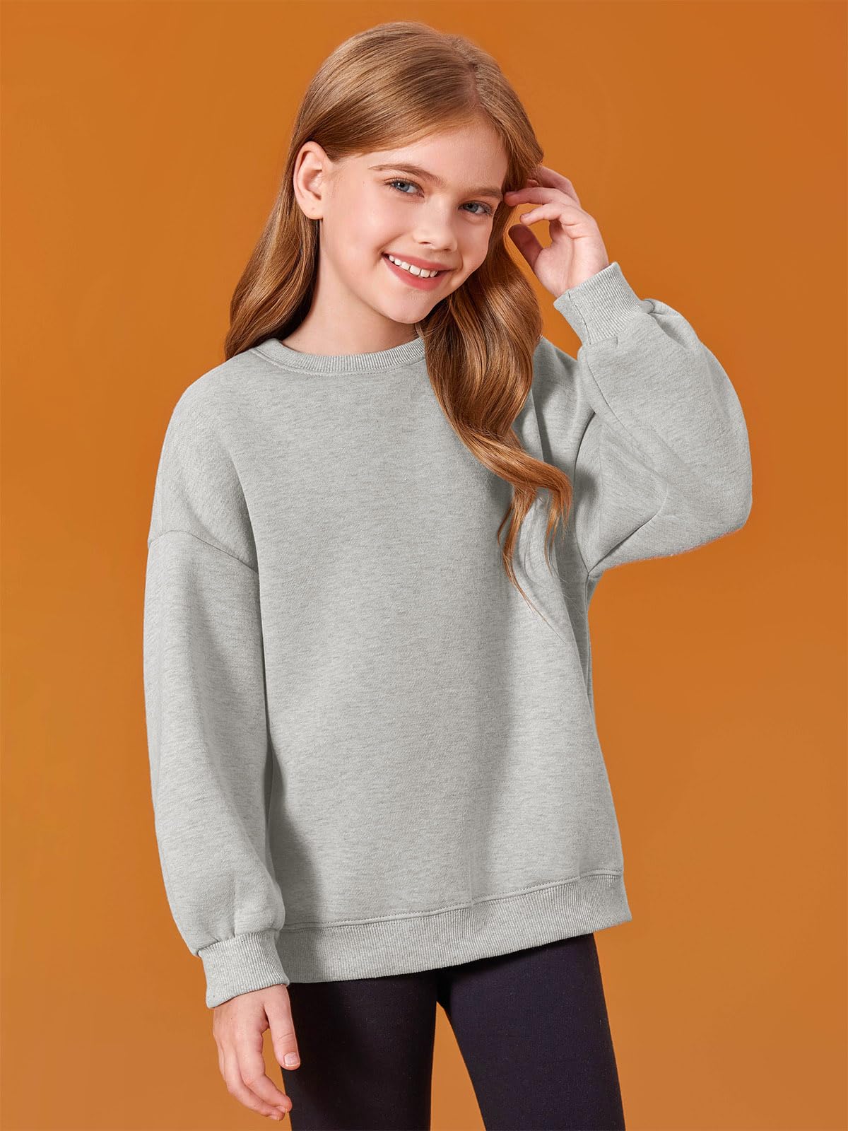 Haloumoning Sweat-shirt fille col rond surdimensionné pull enfant léger sport manches longues couleur unie basique hauts à manches longues 5-14 ans