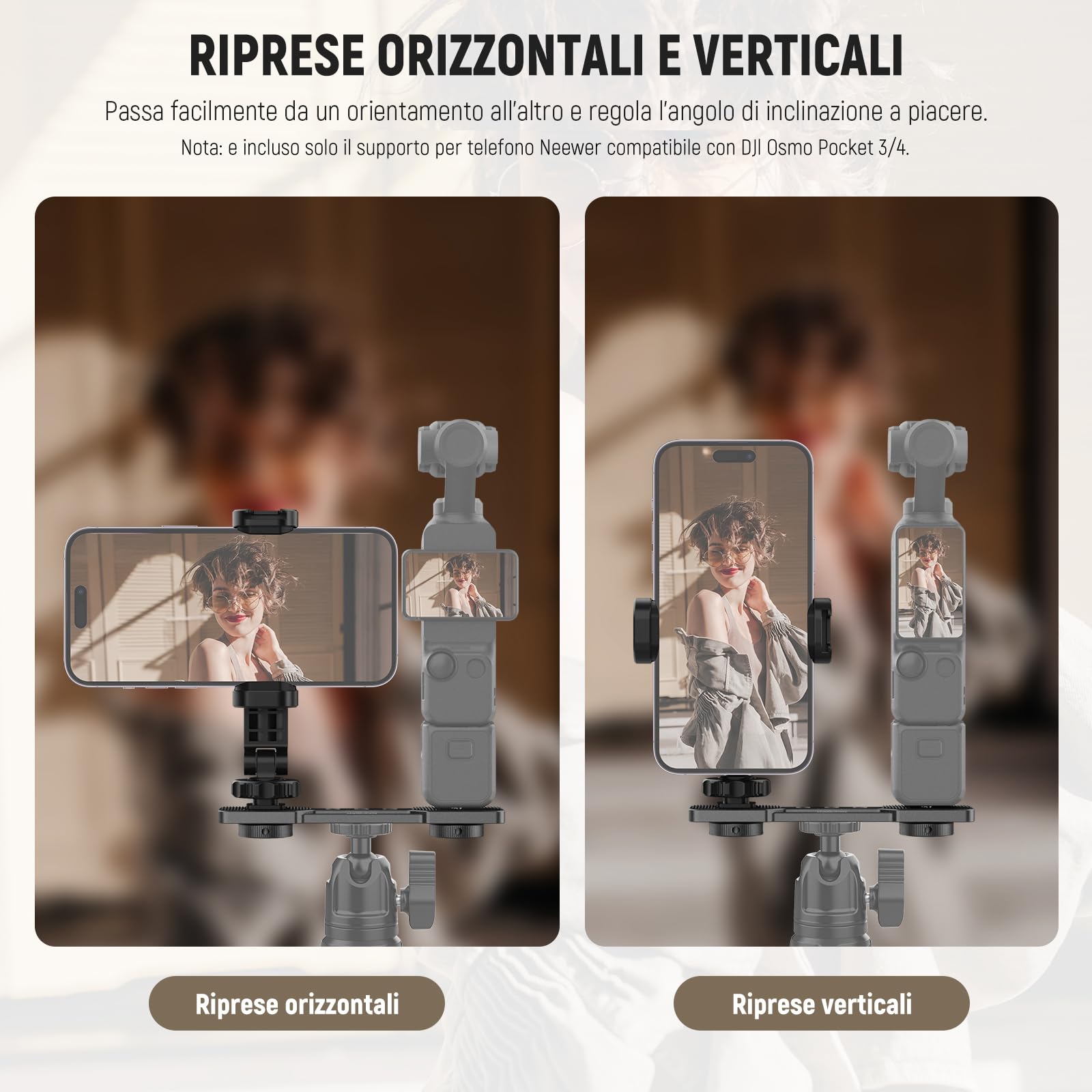 NEEWER Supporto Telefono Compatibile con DJI Osmo Pocket 4 & Pocket 3, Accessori Espansione Portatelefono con Filetto 1/4" per Treppiede e Asta di Prolunga, Cold Shoe per Mini Luce Video Mic, AC021