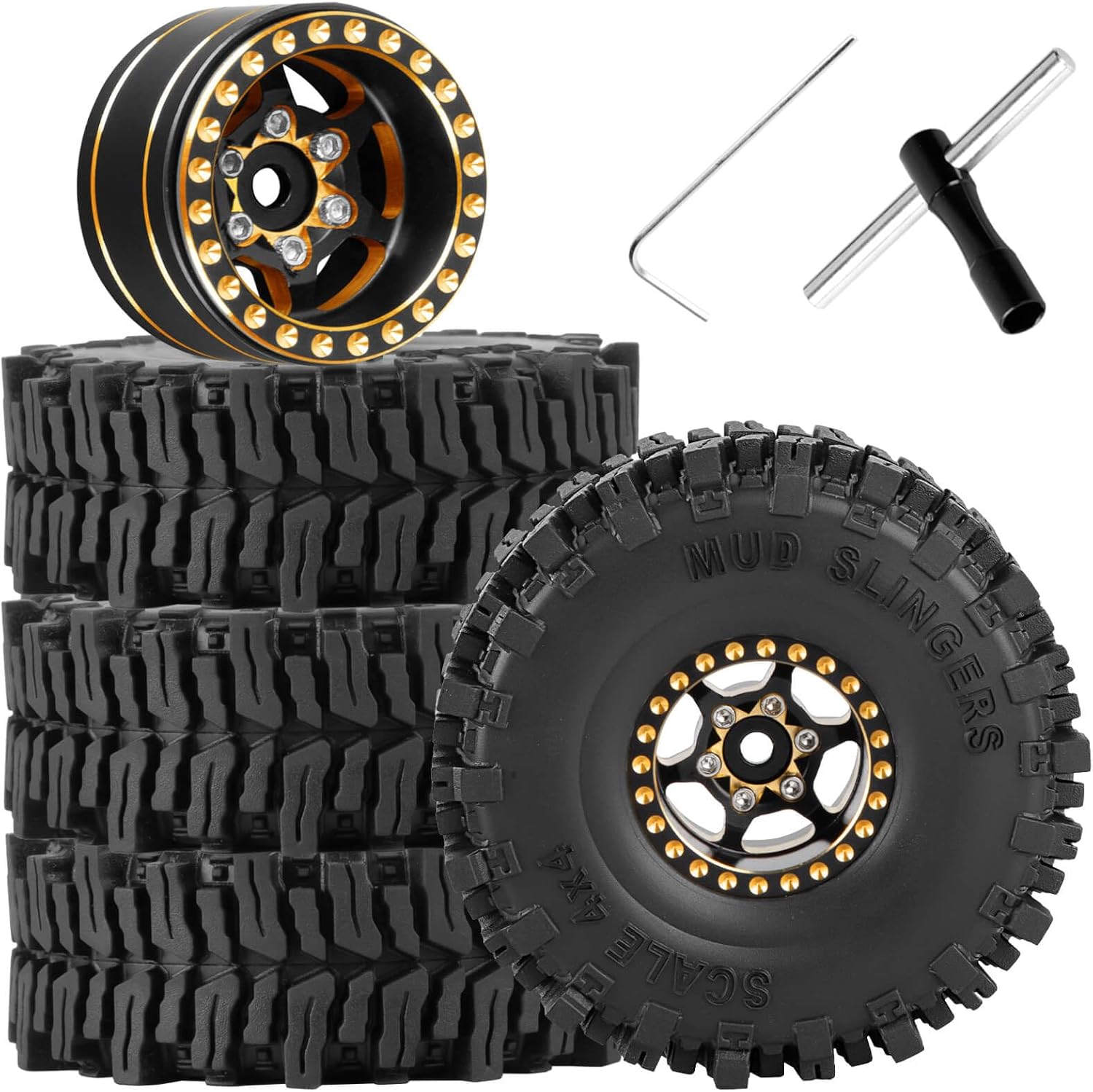RC 1.0 Beadlock Wheel Rims&Wheel Tires for 1/18 1/24 SCX24 Trx4m FMS FCX24 RC Crawler Car,Full Brass 1.0 Beadlock Wheels Tires Set&Wheel Rims(Black-C) 4PCS
