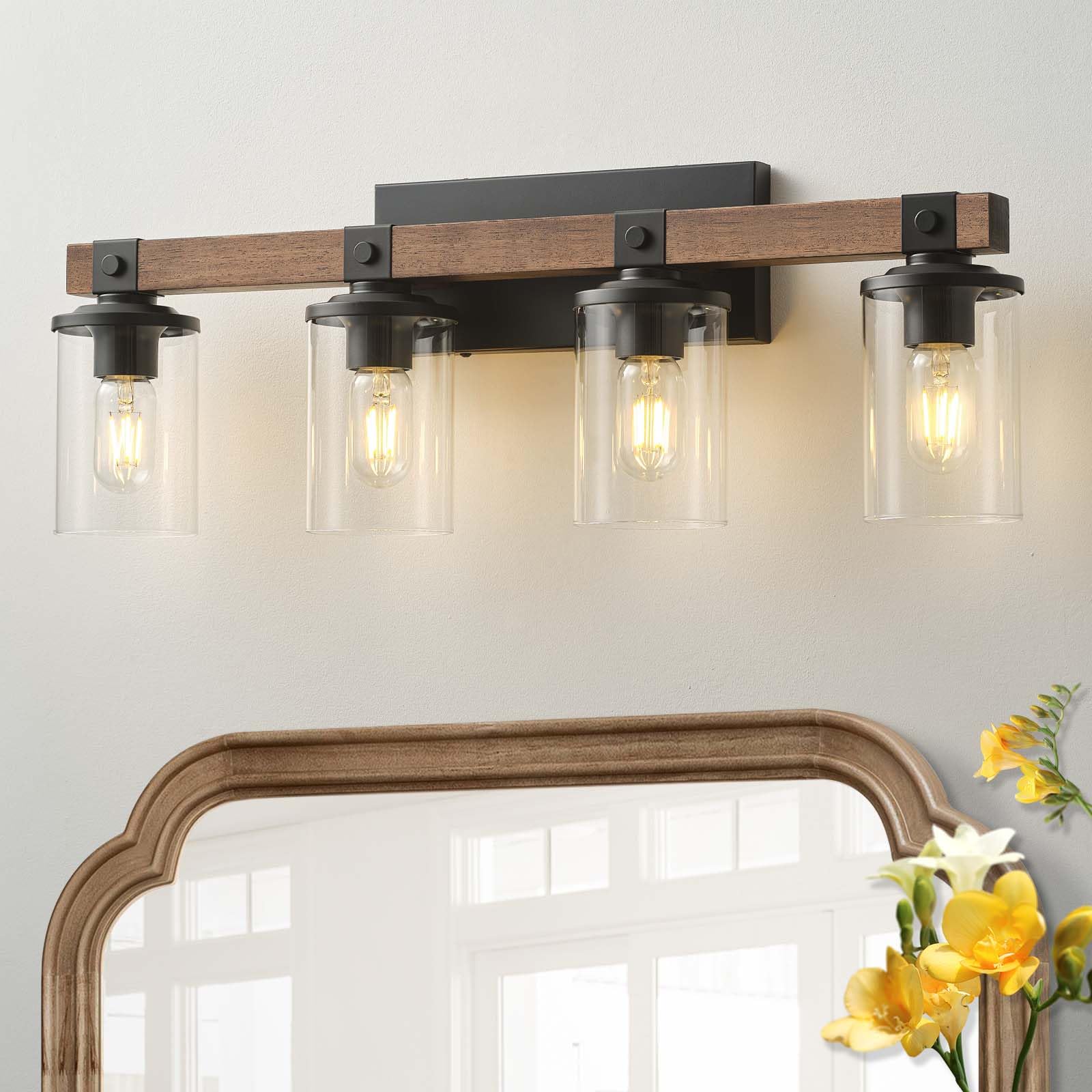 Bathroom Vanity Light Fixtures 4 Lights, Wooden Farmhouse Vanity Lights