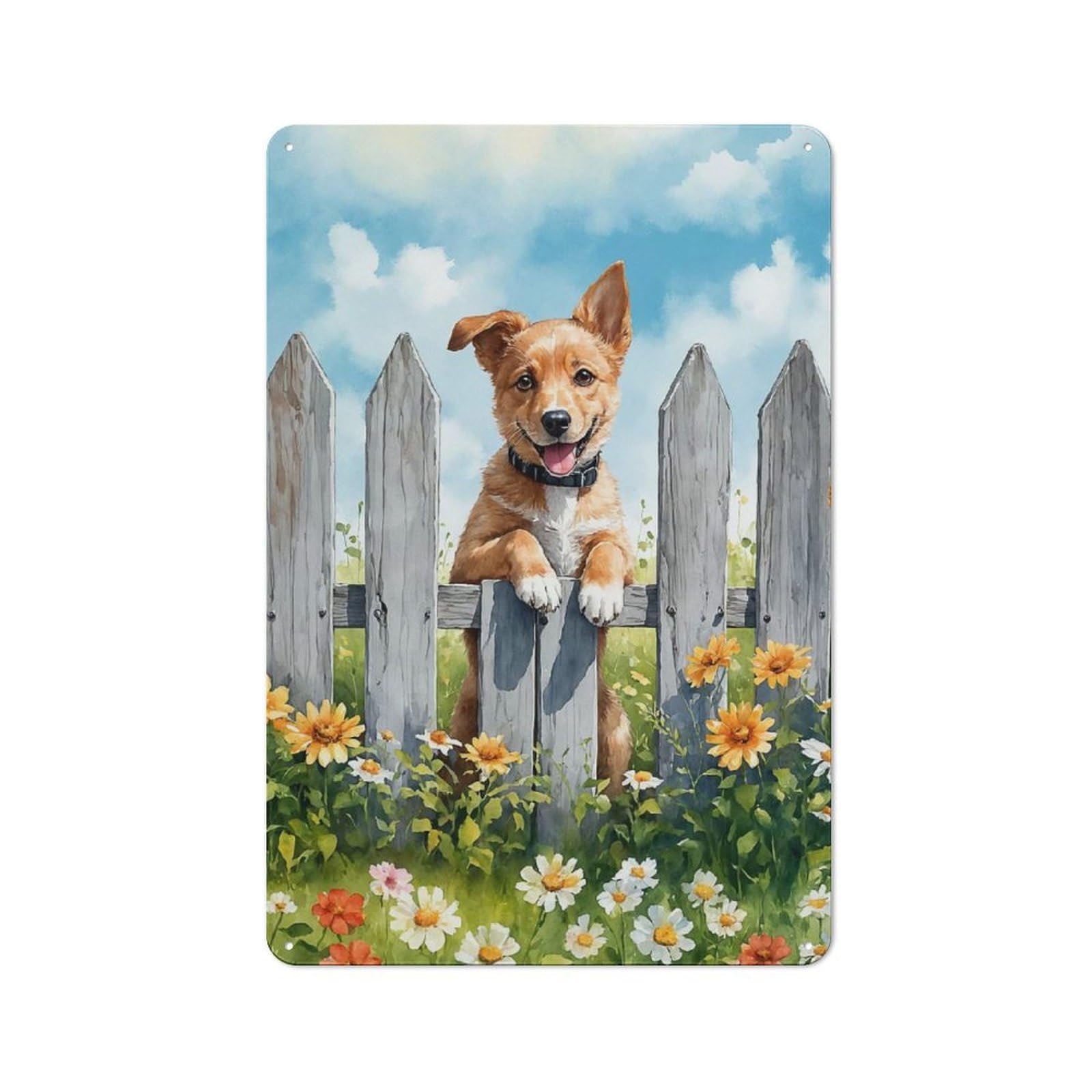 Junmoney Watercolor Puppy Peeking Over Fence Vintage Decorative Metal Plaque 30X20cm, Garden Room Wall Plaque For Shed, Garden Room, Porch Or Garage