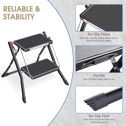 Miniatura 3 de KINGRACK Escalera plegable, escalera de 2 escalones, plegable, escalera con alfombrilla de goma antideslizante, taburete con botón de liberación,