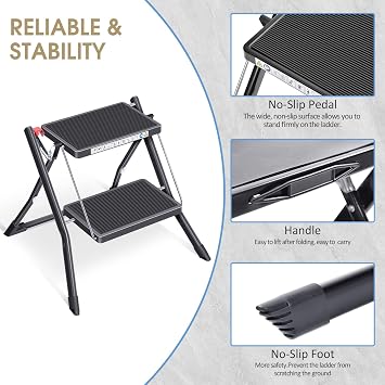 Kingrack Step Ladder Stool, Double Side Folding Step Stool, Portable 2 Step Ladder with handdle, Anti-Slip Large Platform, Slim Household Stepladder with Multi-function, Black