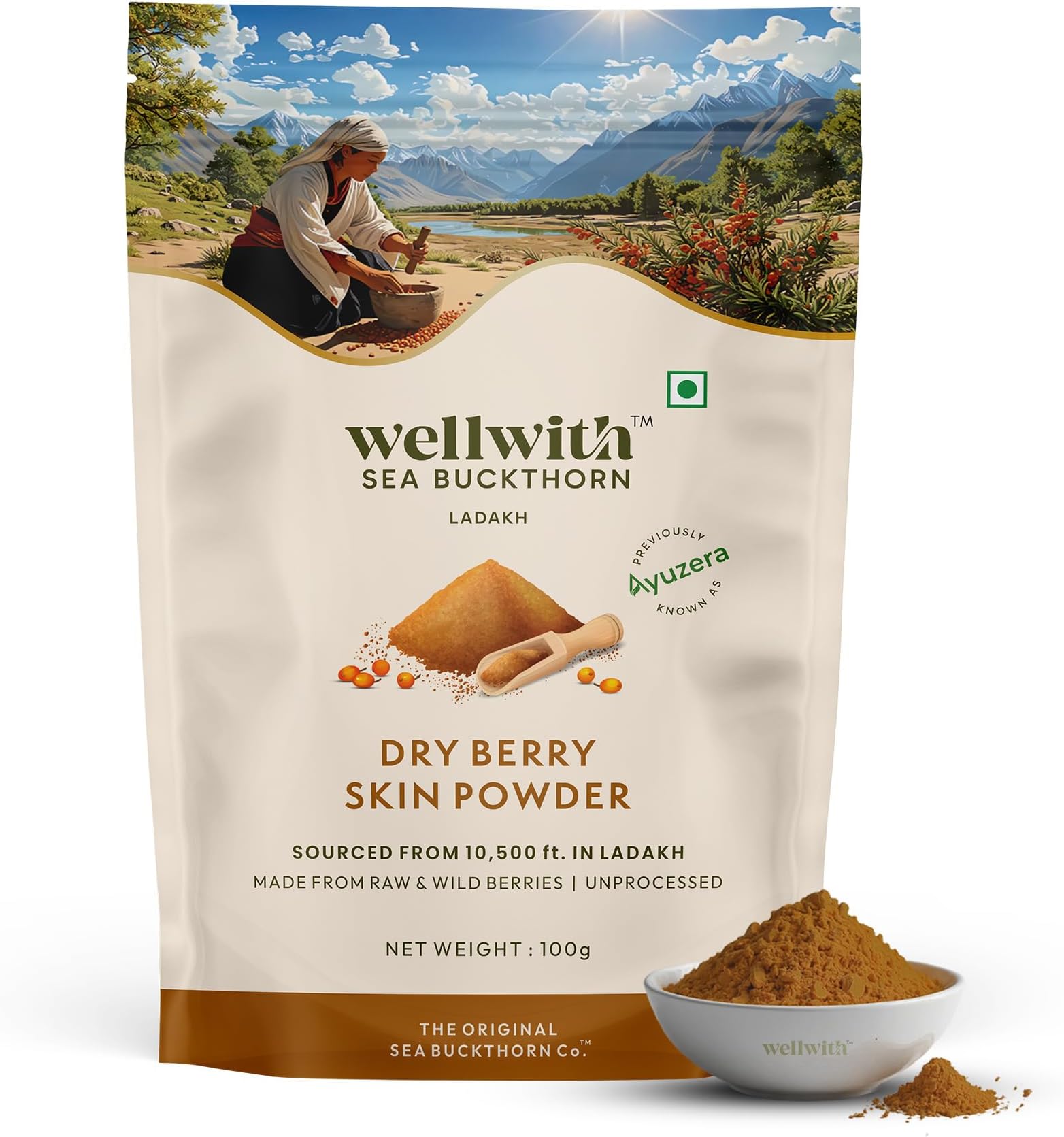 Wellwith by Ayuzera Himalayan Sea Buckthorn Berries Powder, 100g | Rich in Omega 3, 6, 7, 9 | Collagen, Fiber, Omegas, Vitamin C, Vitamin E | Dry Sea Buckthorn Berry Powder (100, Grams)